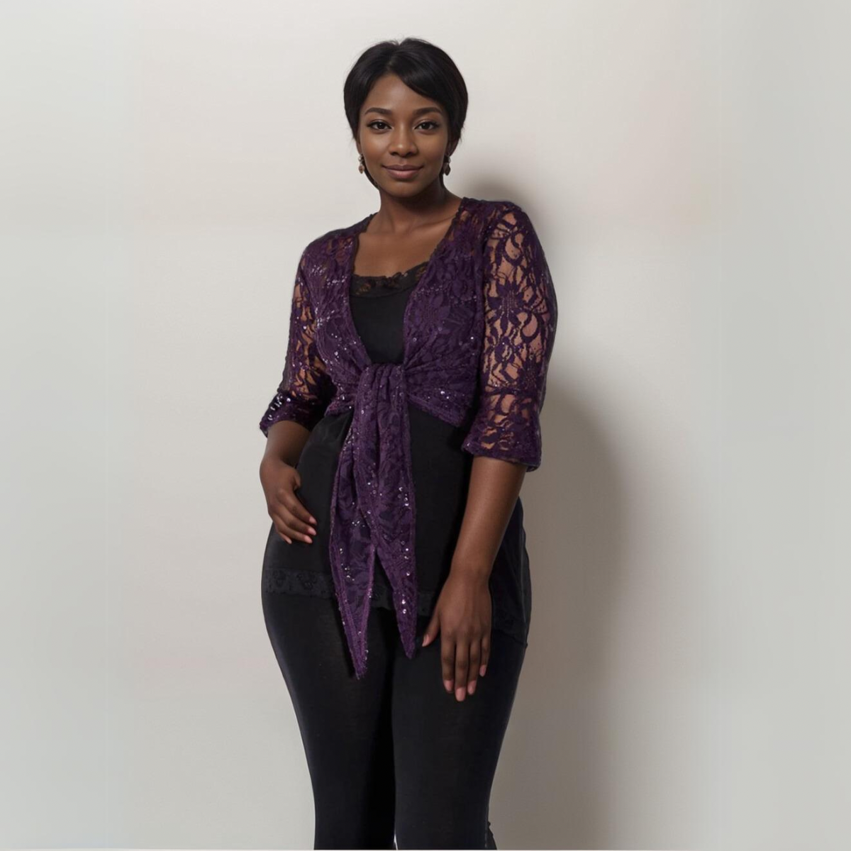 SEQUIN LACE 1/2 BELL SLEEVE TIE FRONT SHRUG / BOLERO JACKET