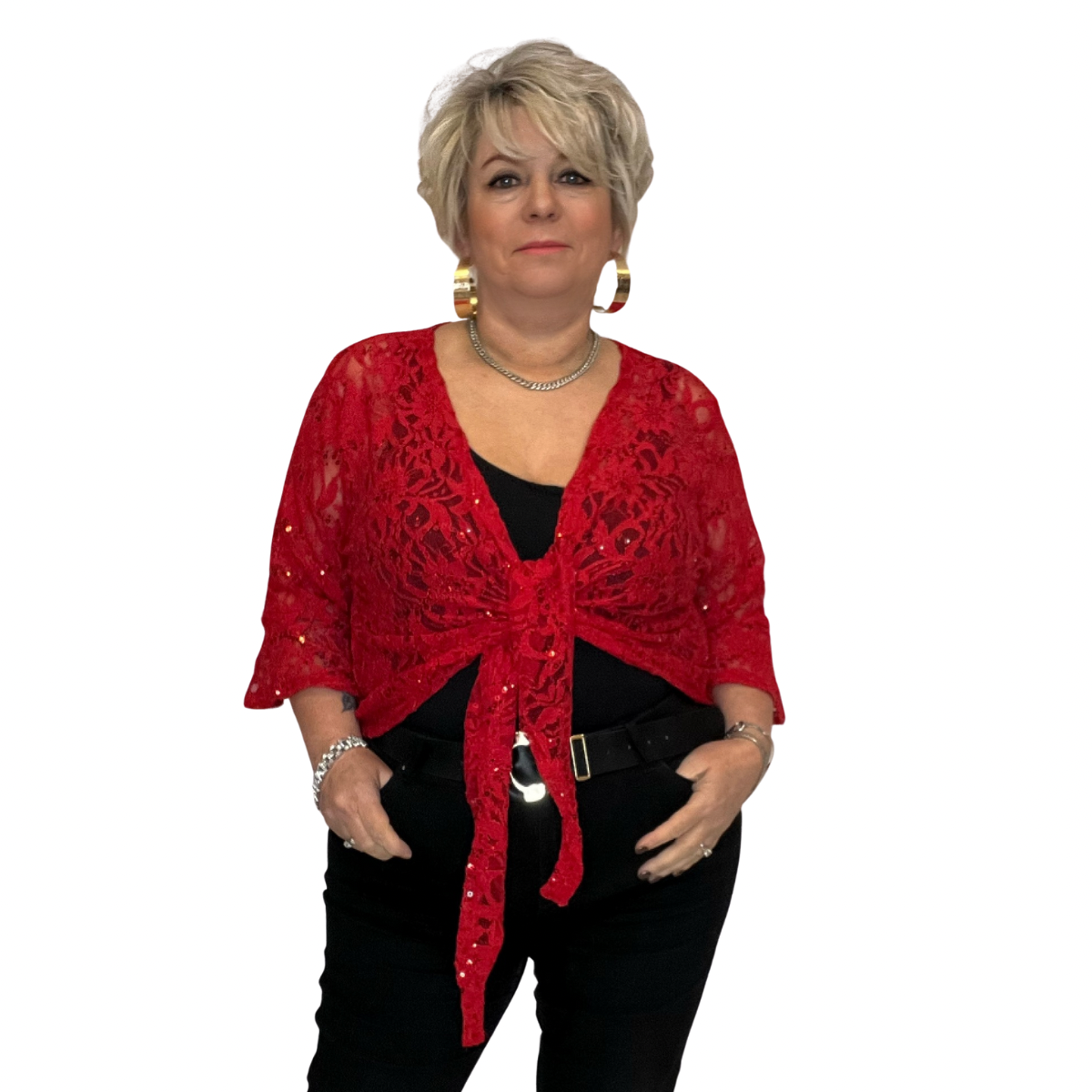 SEQUIN LACE 1/2 BELL SLEEVE TIE FRONT SHRUG / BOLERO JACKET