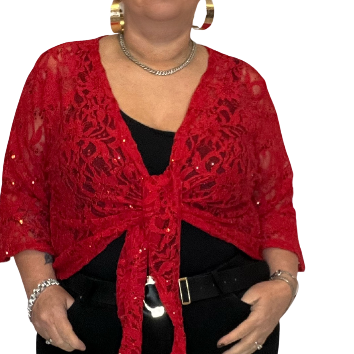 SEQUIN LACE 1/2 BELL SLEEVE TIE FRONT SHRUG / BOLERO JACKET