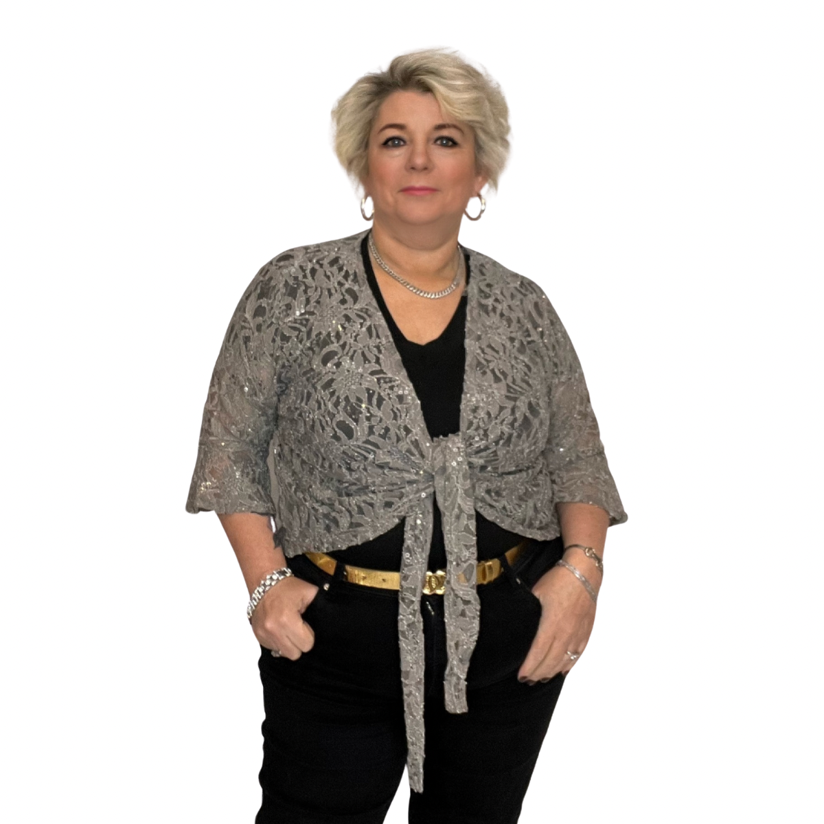 SEQUIN LACE 1/2 BELL SLEEVE TIE FRONT SHRUG / BOLERO JACKET