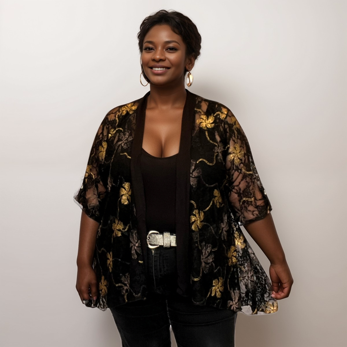 BLACK LACE BUTTON SLEEVE JACKET
