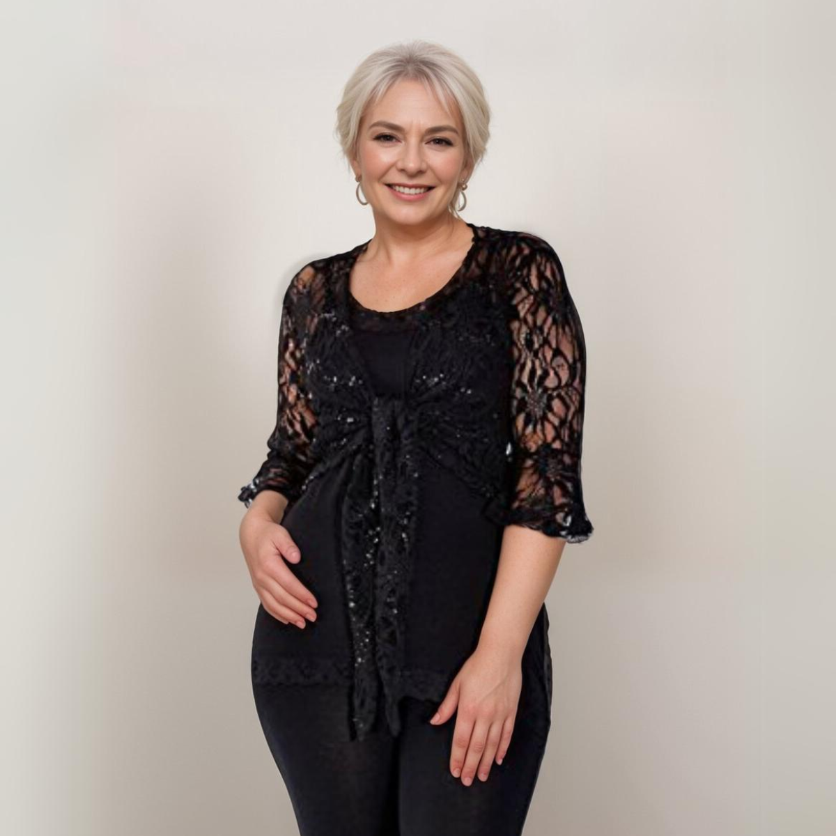 SEQUIN LACE 1/2 BELL SLEEVE TIE FRONT SHRUG / BOLERO JACKET