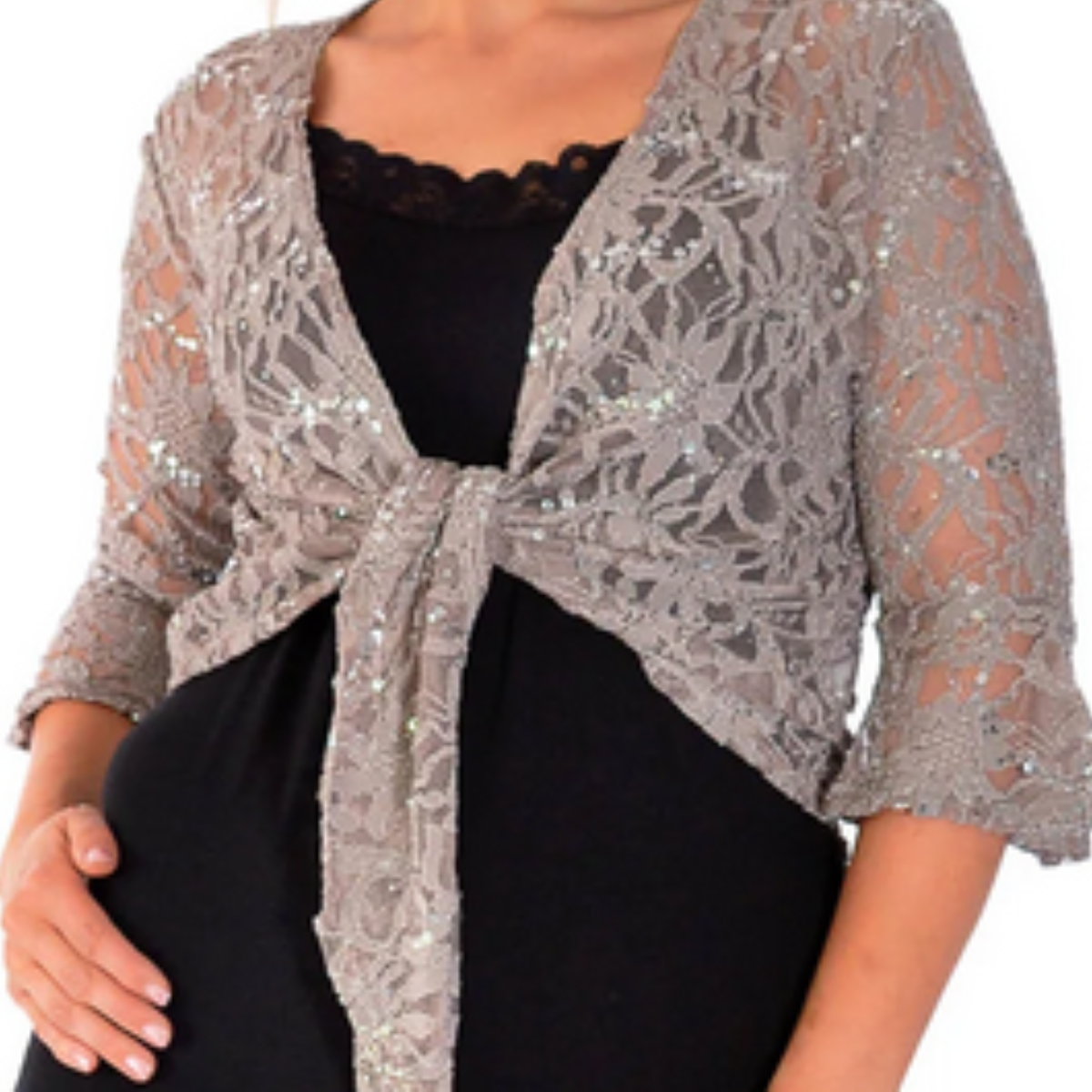 SEQUIN LACE 1/2 BELL SLEEVE TIE FRONT SHRUG / BOLERO JACKET