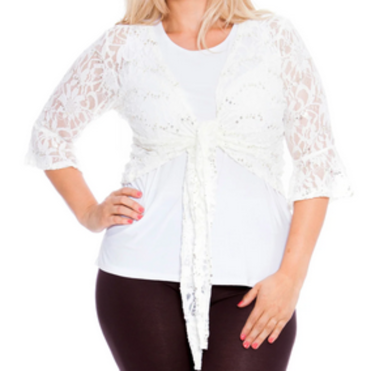 SEQUIN LACE 1/2 BELL SLEEVE TIE FRONT SHRUG / BOLERO JACKET