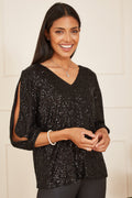 Black Sequin Sleeve Slit Sleeve Top