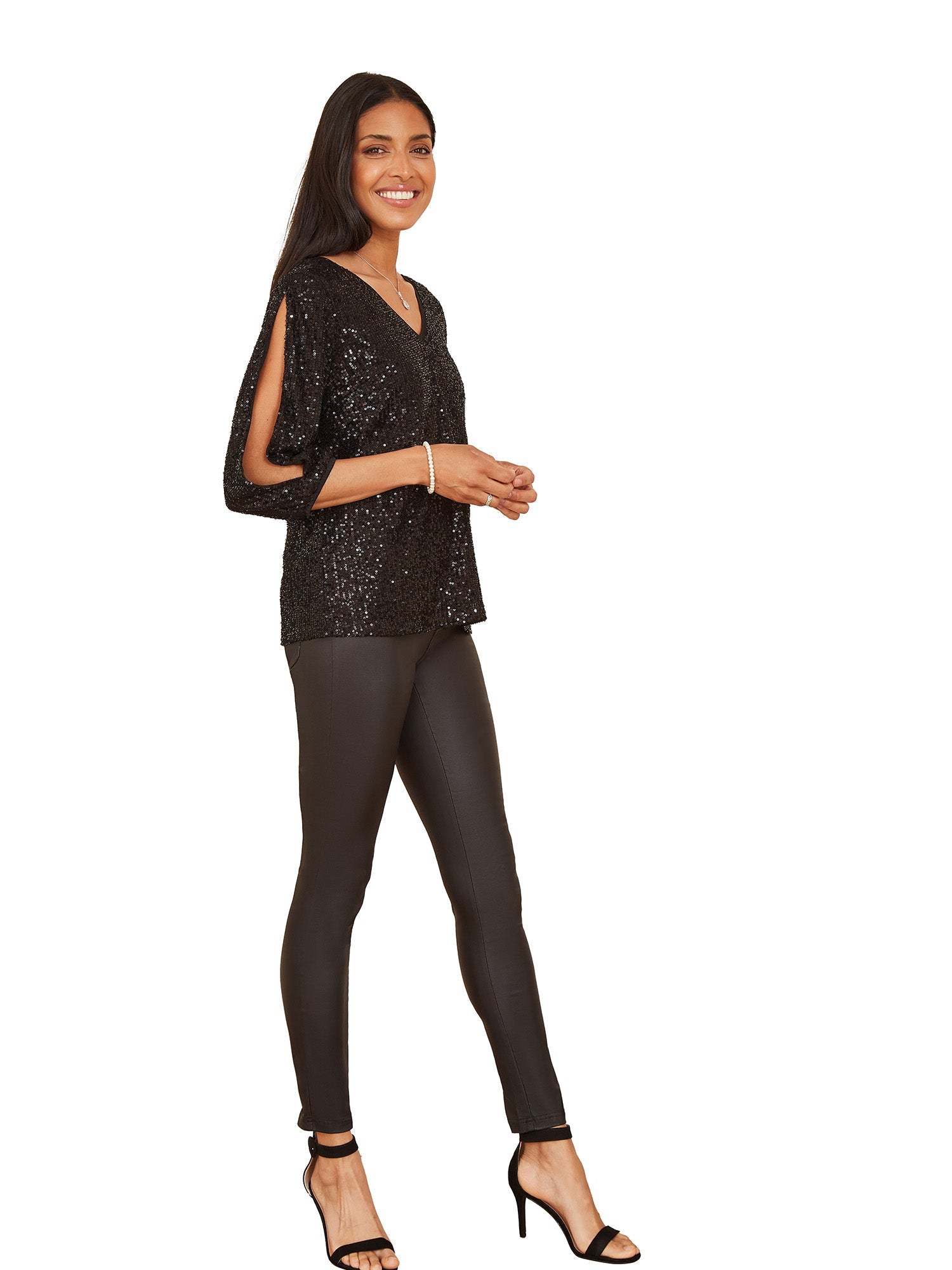 Black Sequin Sleeve Slit Sleeve Top