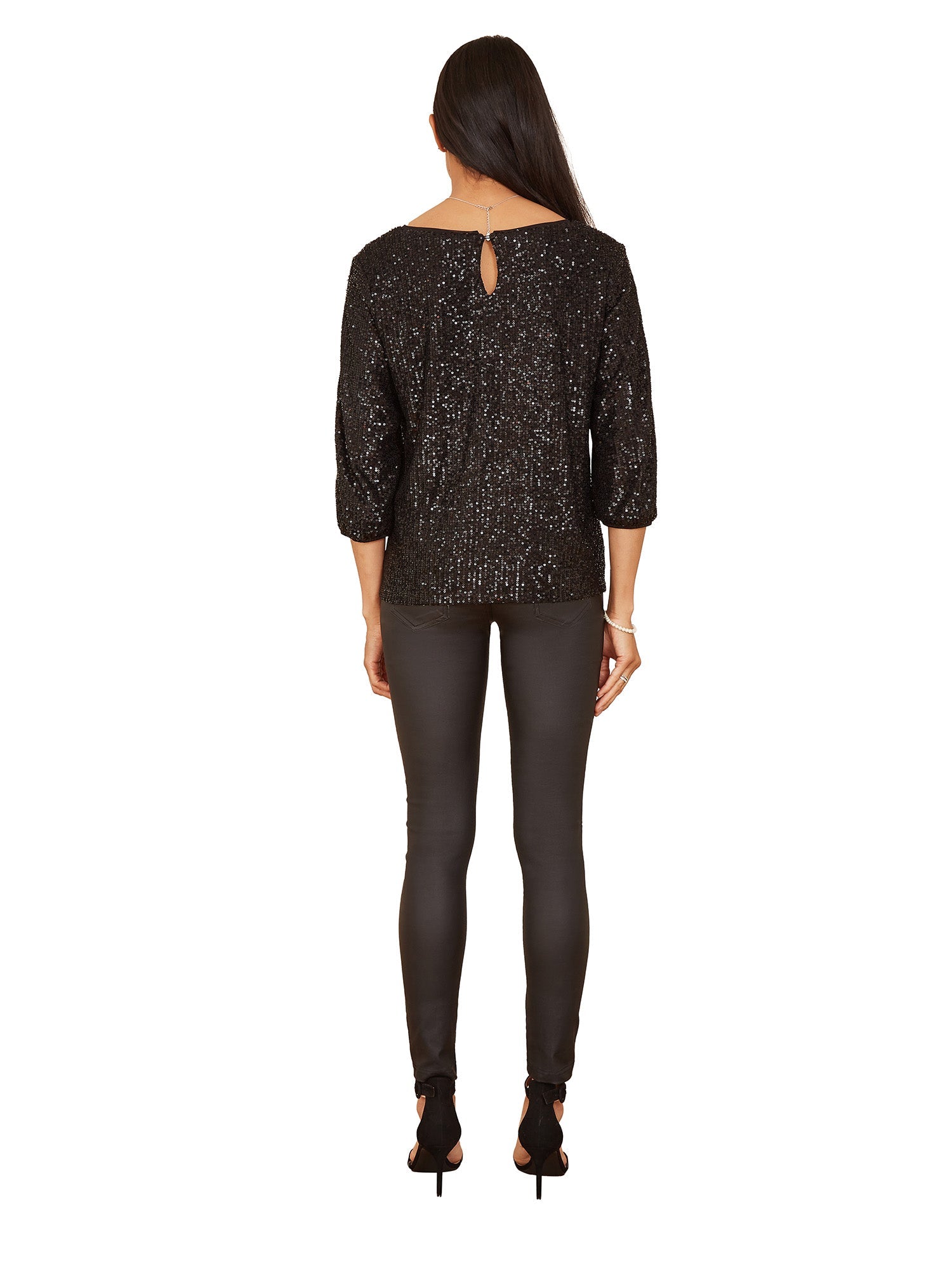 Black Sequin Sleeve Slit Sleeve Top