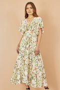 Ivory Floral Print Ruched Waist Midi Dress With Kimono Sleeves