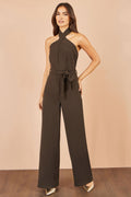 Brown Cross Over Halter Neck Jumpsuit