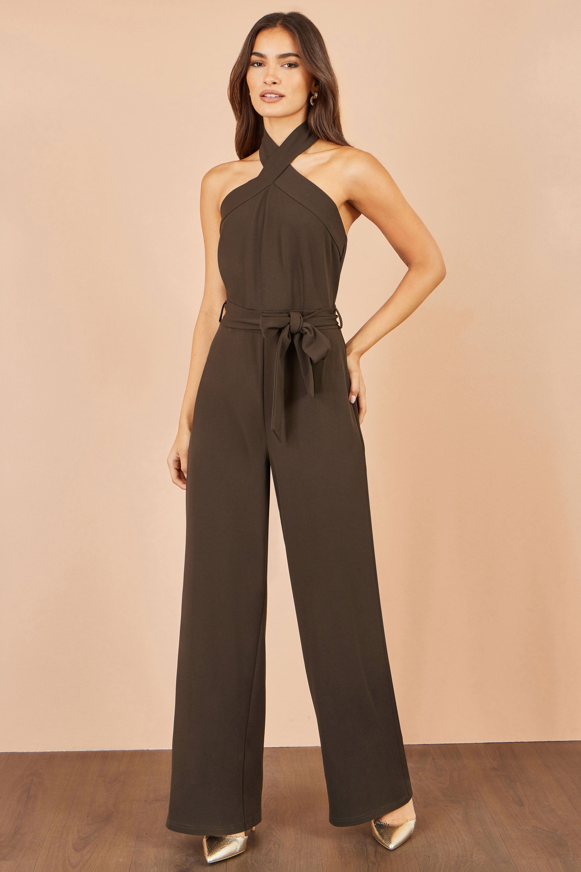 Brown Cross Over Halter Neck Jumpsuit