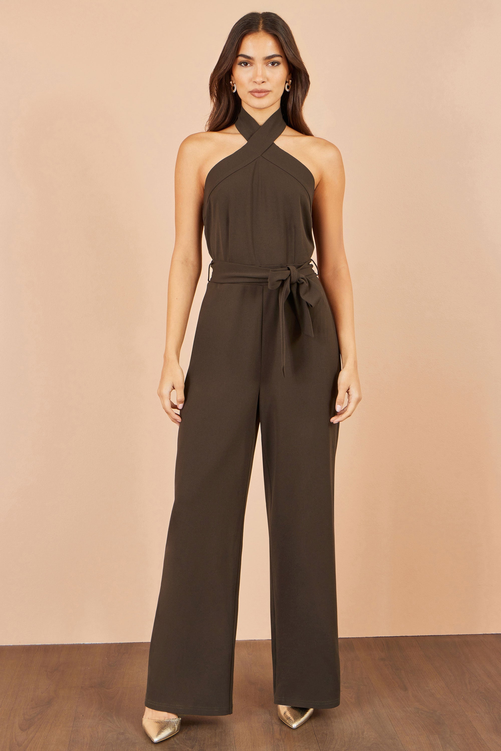 Brown Cross Over Halter Neck Jumpsuit