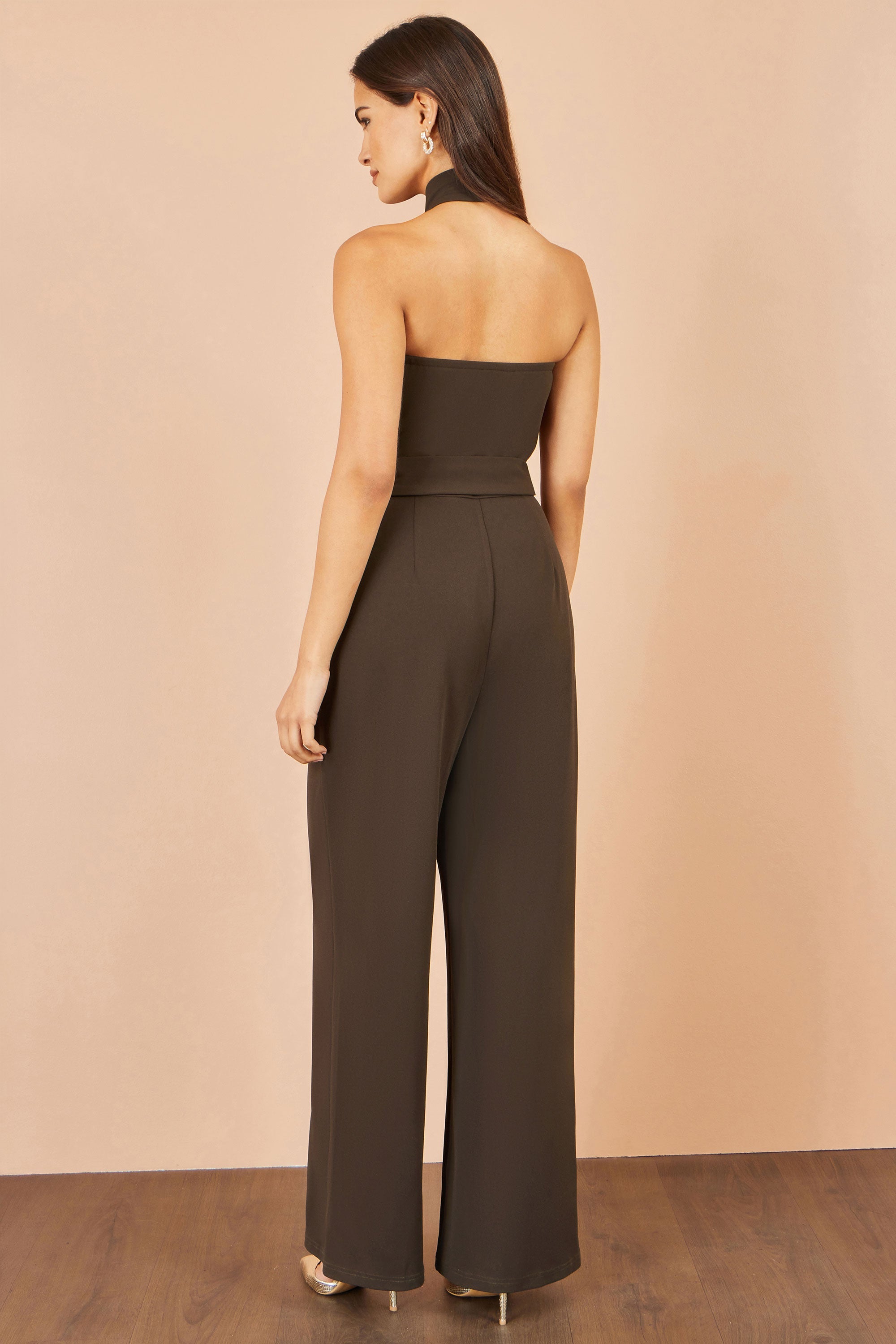 Brown Cross Over Halter Neck Jumpsuit