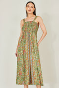 Green Foil Palm Print Ruched Maxi Dress With Border Detail