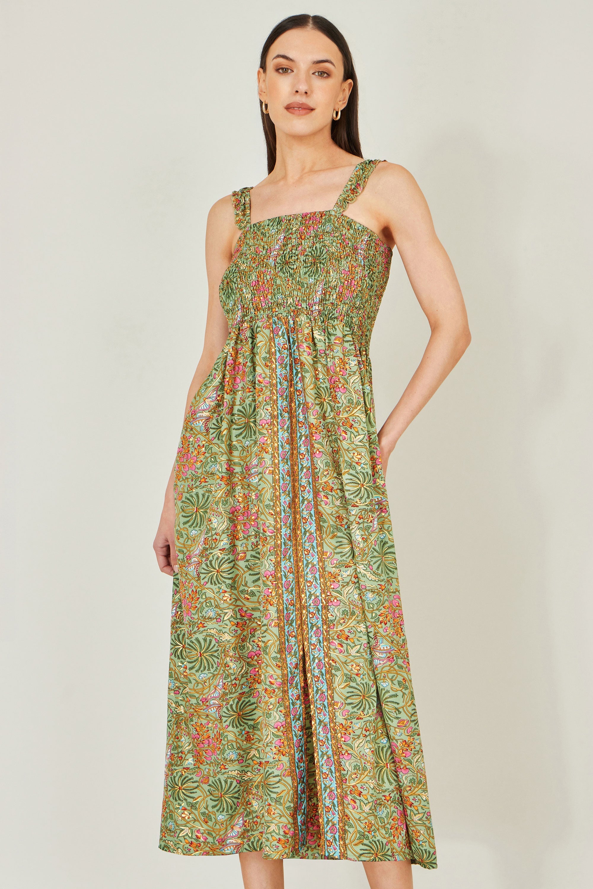 Green Foil Palm Print Ruched Maxi Dress With Border Detail