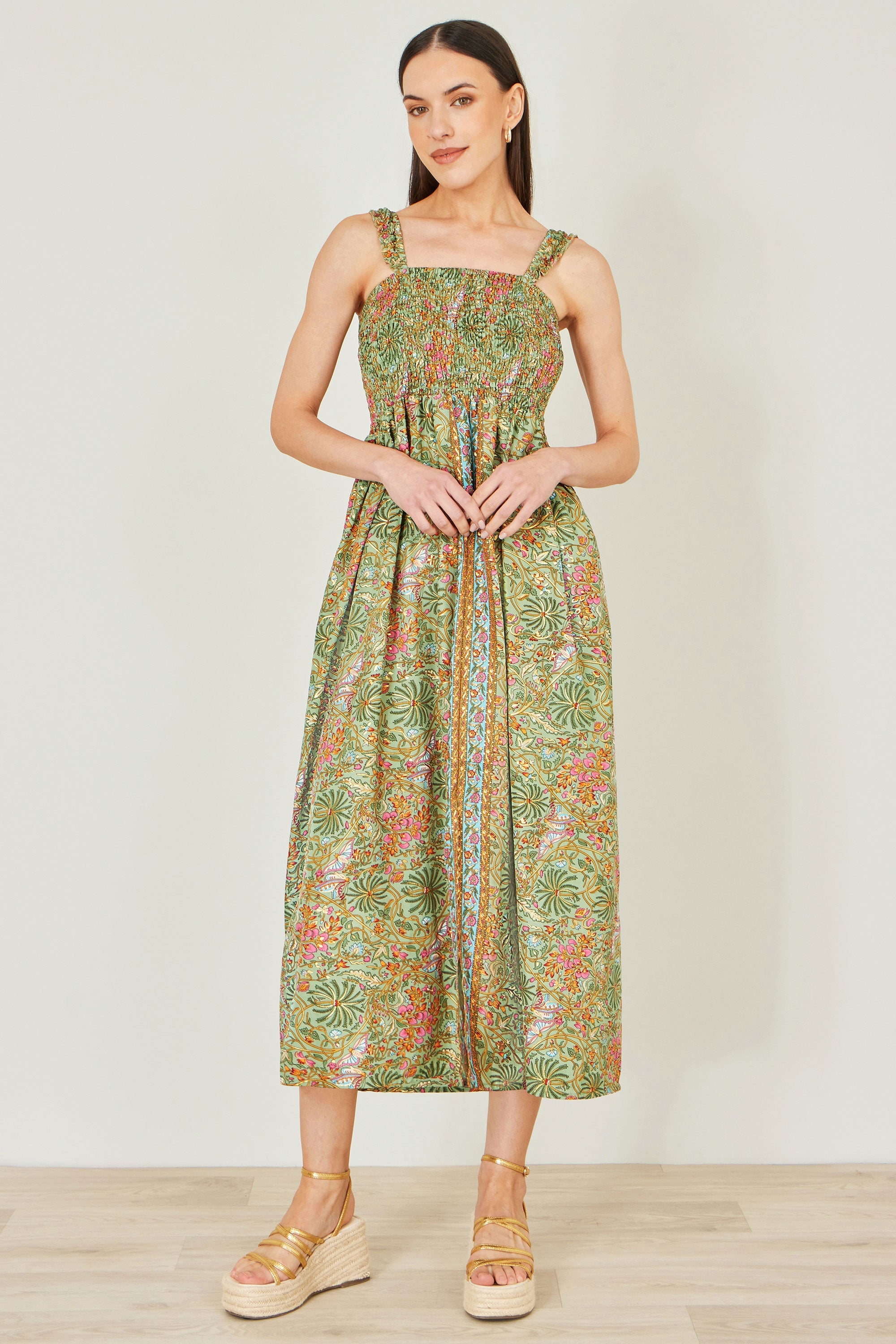 Green Foil Palm Print Ruched Maxi Dress With Border Detail