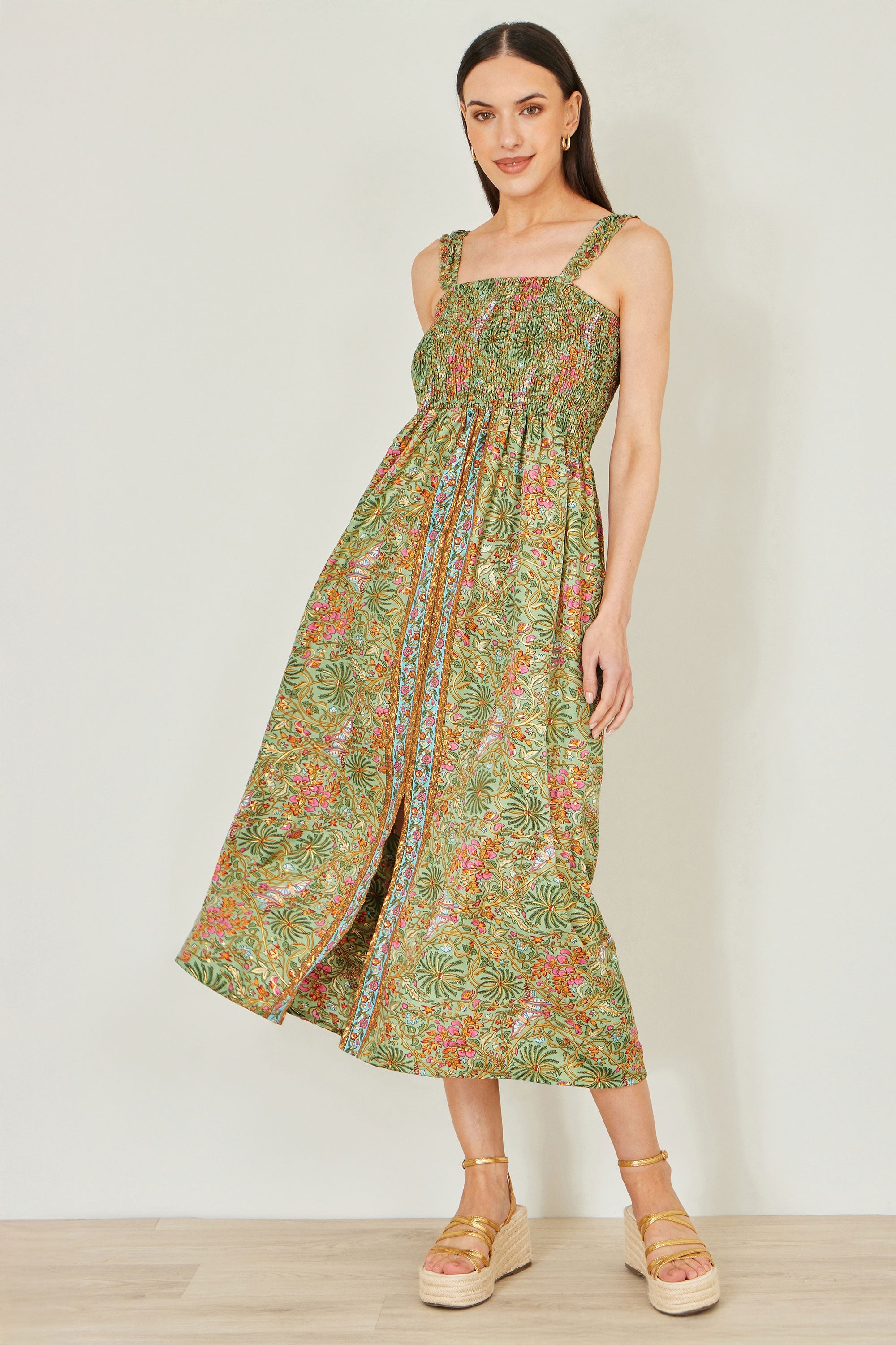 Green Foil Palm Print Ruched Maxi Dress With Border Detail