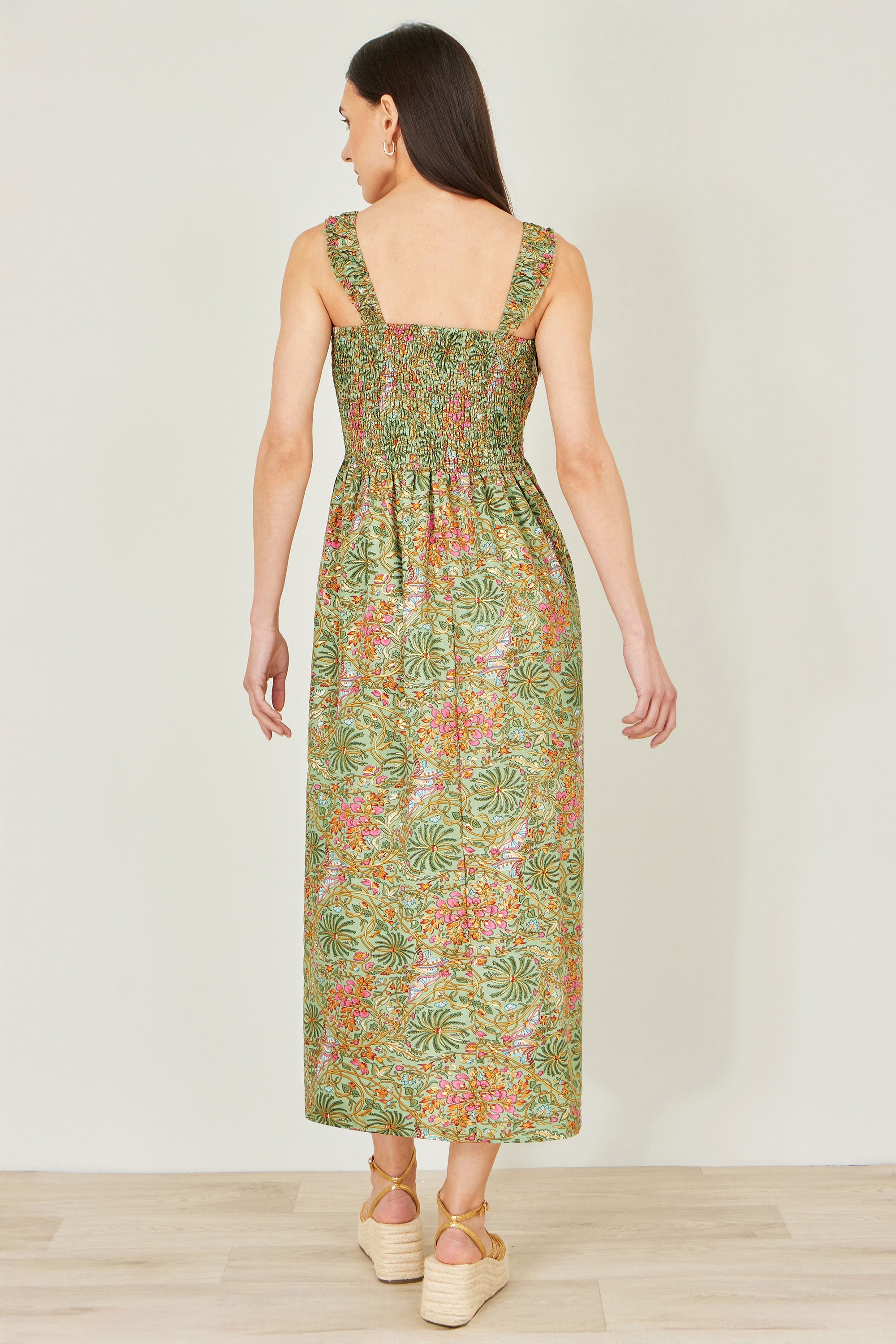 Green Foil Palm Print Ruched Maxi Dress With Border Detail