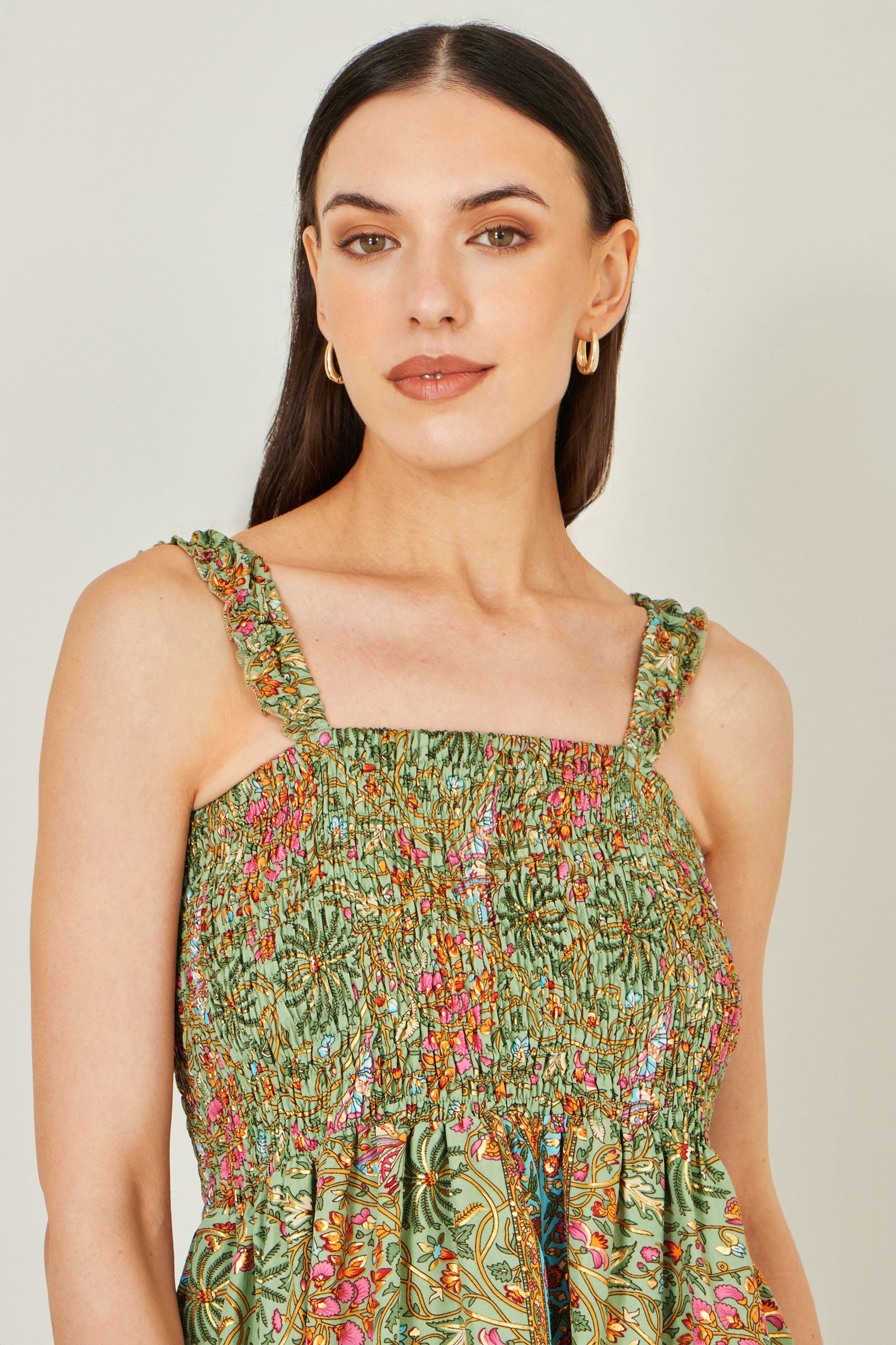 Green Foil Palm Print Ruched Maxi Dress With Border Detail