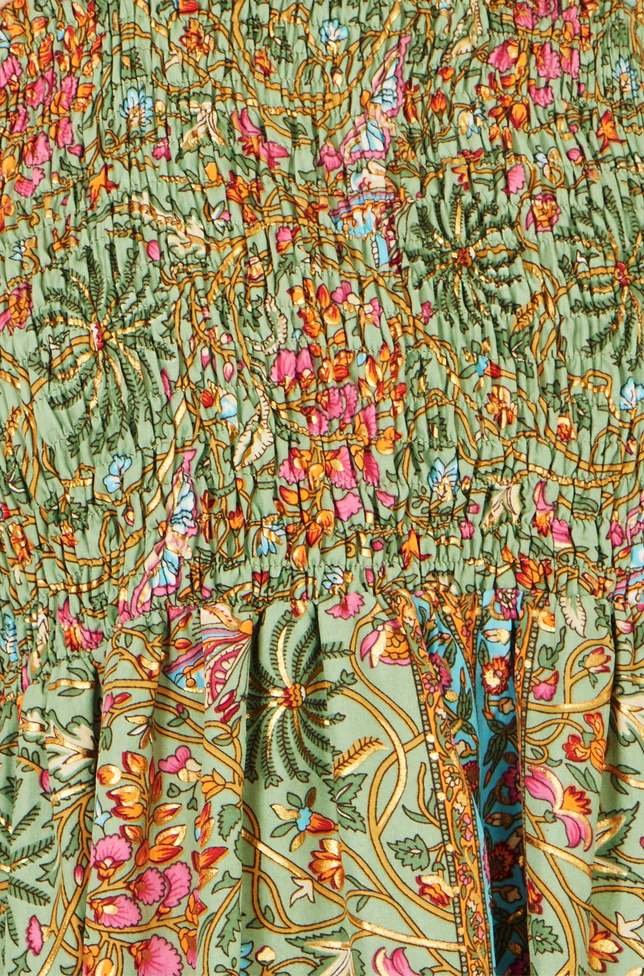 Green Foil Palm Print Ruched Maxi Dress With Border Detail