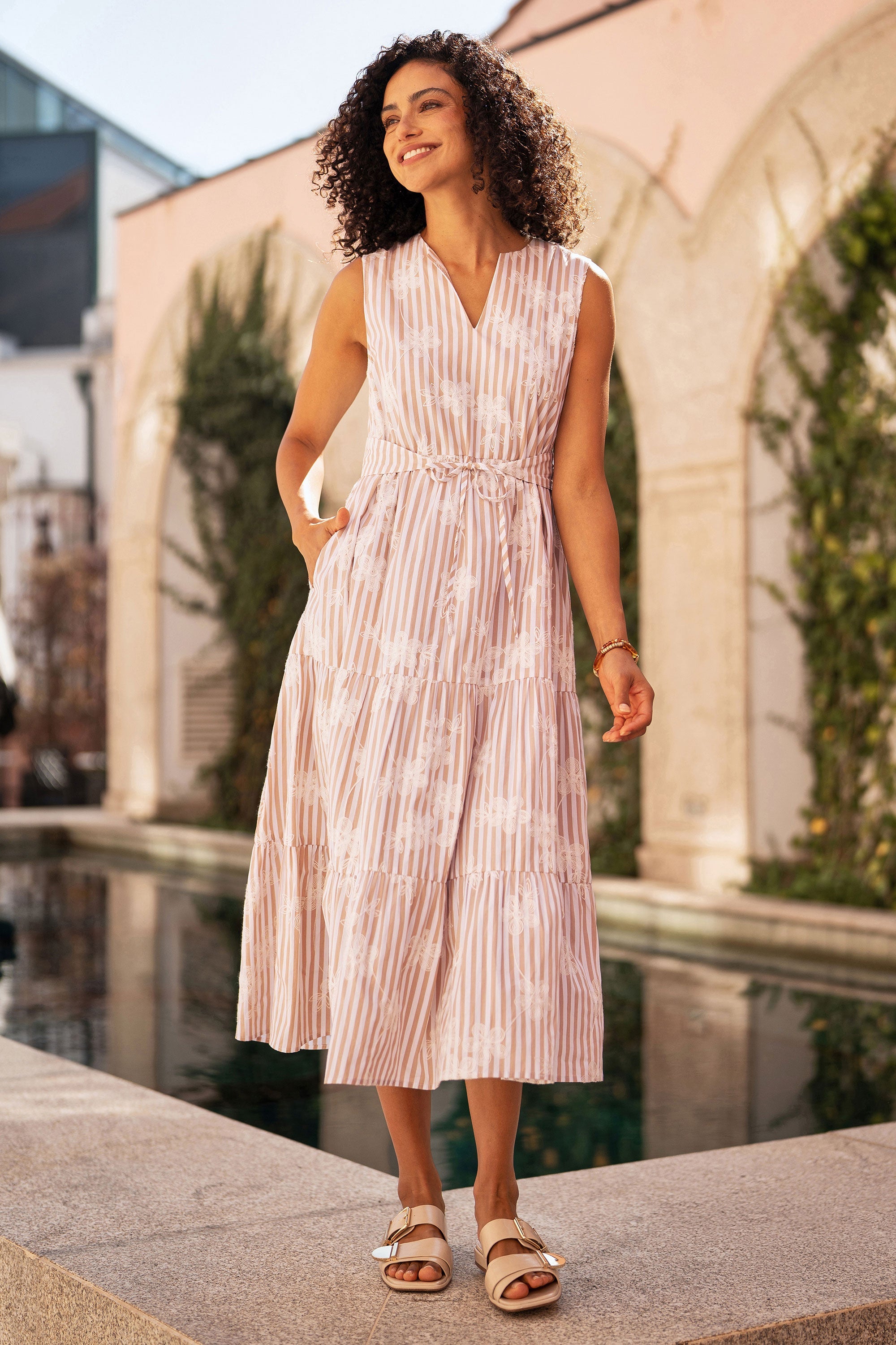 Brown Stripe With Embroidered Flower Cotton Dress