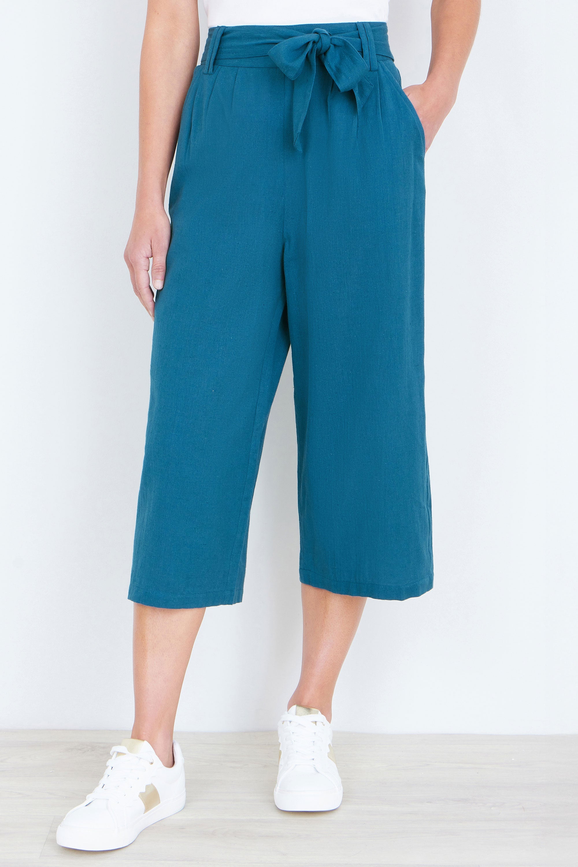 Teal Linen Mix Cropped Trousers With Tie Belt