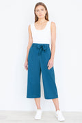 Teal Linen Mix Cropped Trousers With Tie Belt