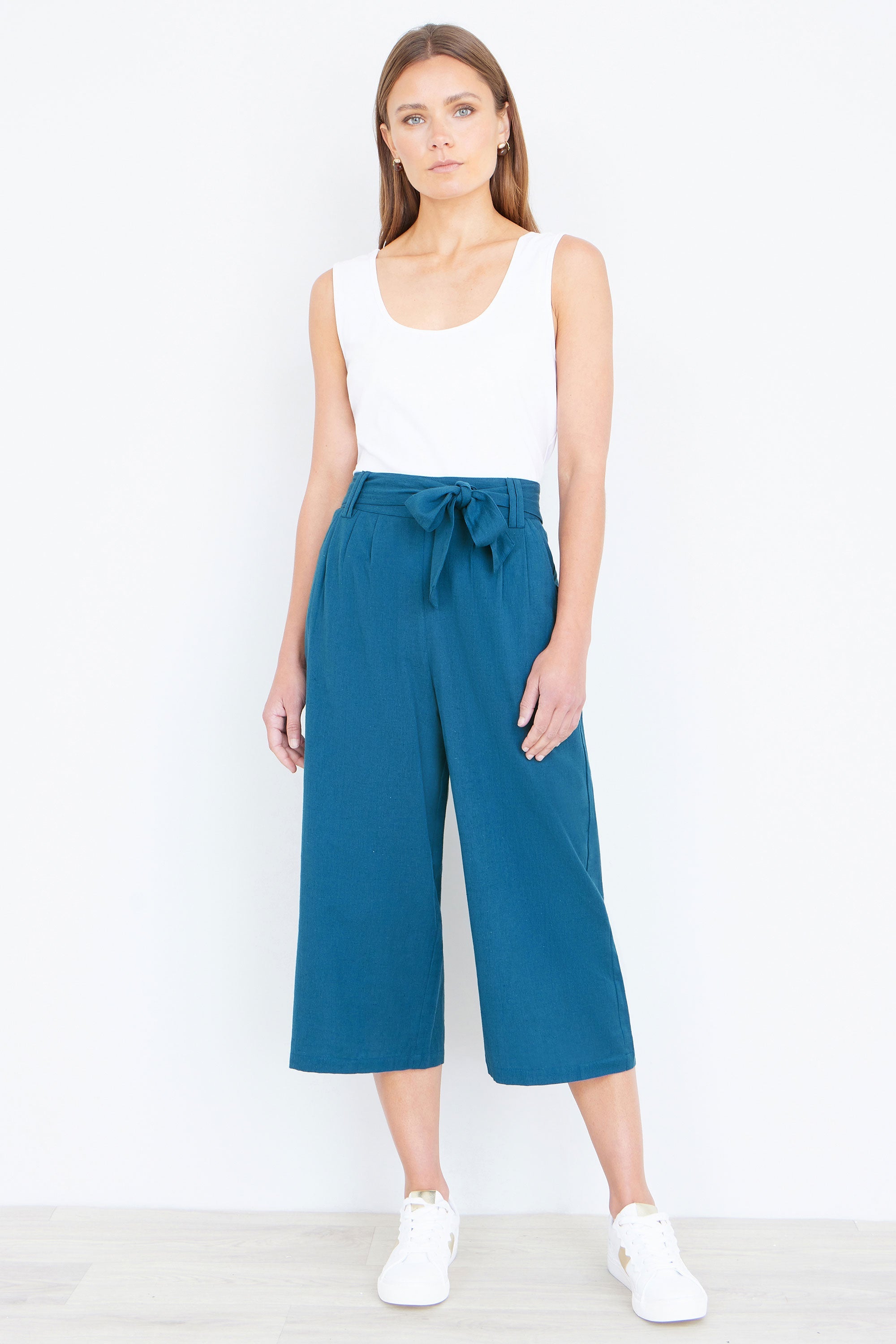 Teal Linen Mix Cropped Trousers With Tie Belt