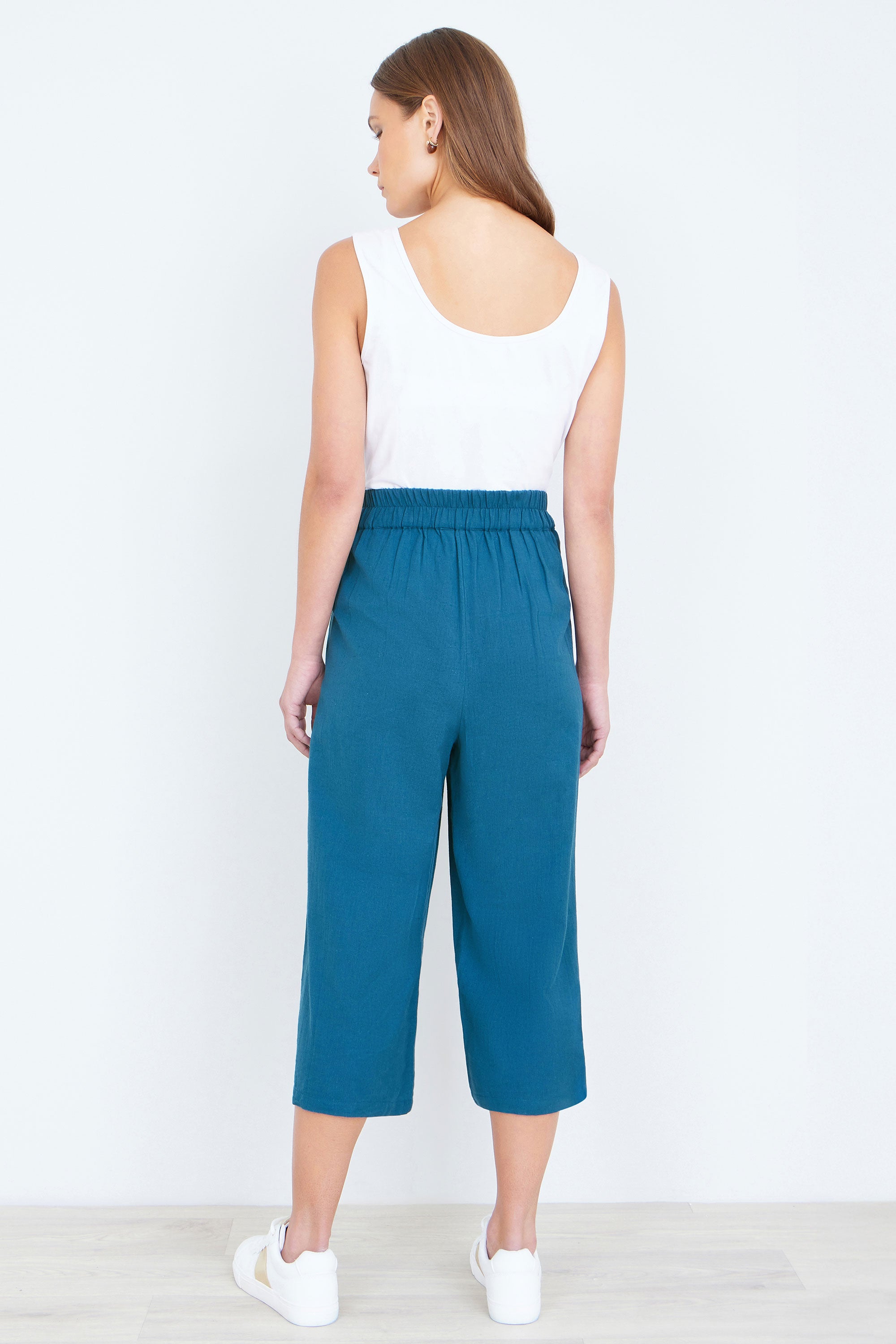Teal Linen Mix Cropped Trousers With Tie Belt