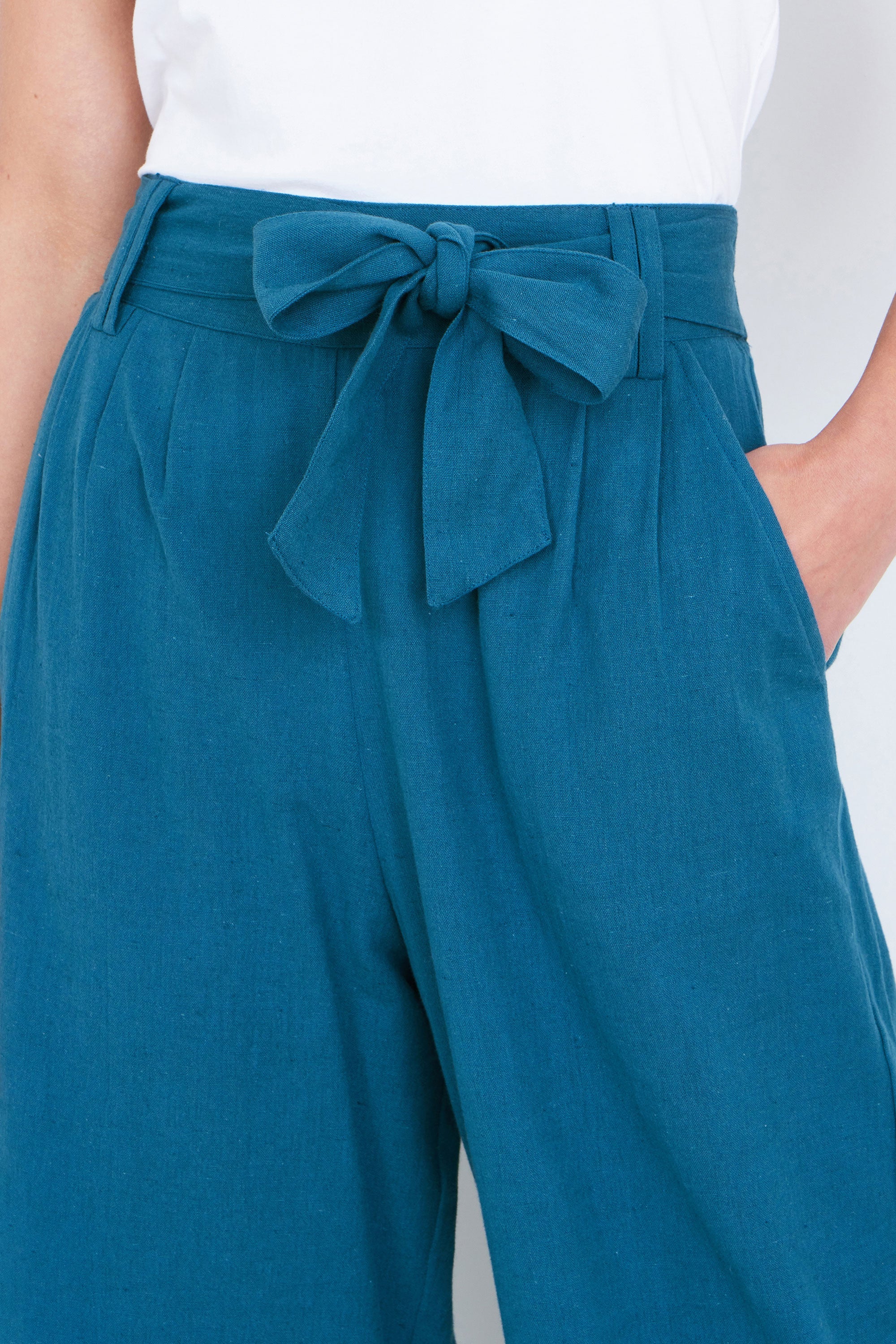 Teal Linen Mix Cropped Trousers With Tie Belt