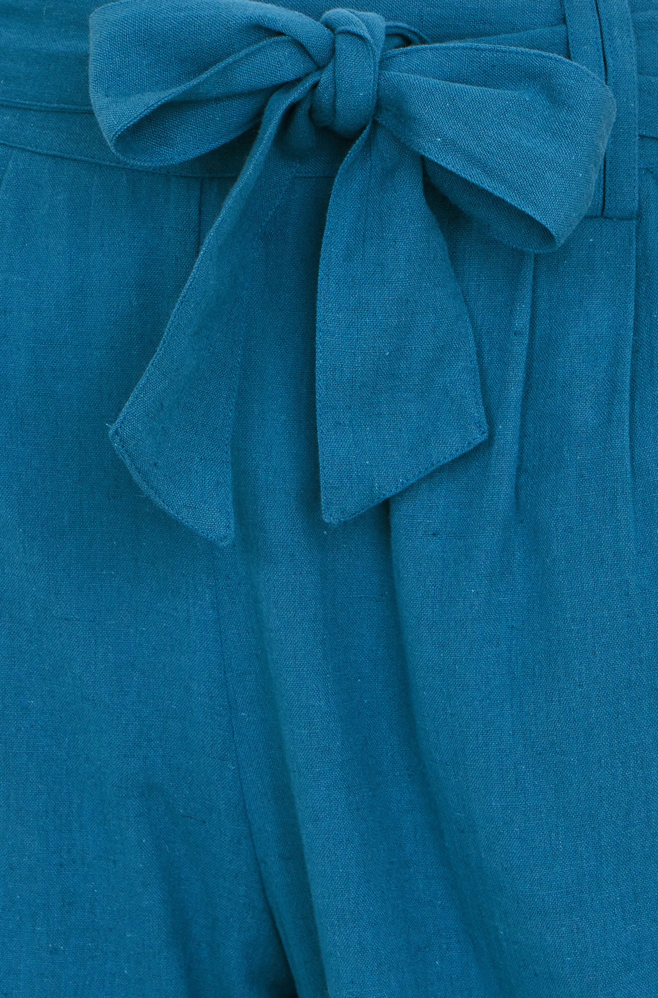 Teal Linen Mix Cropped Trousers With Tie Belt
