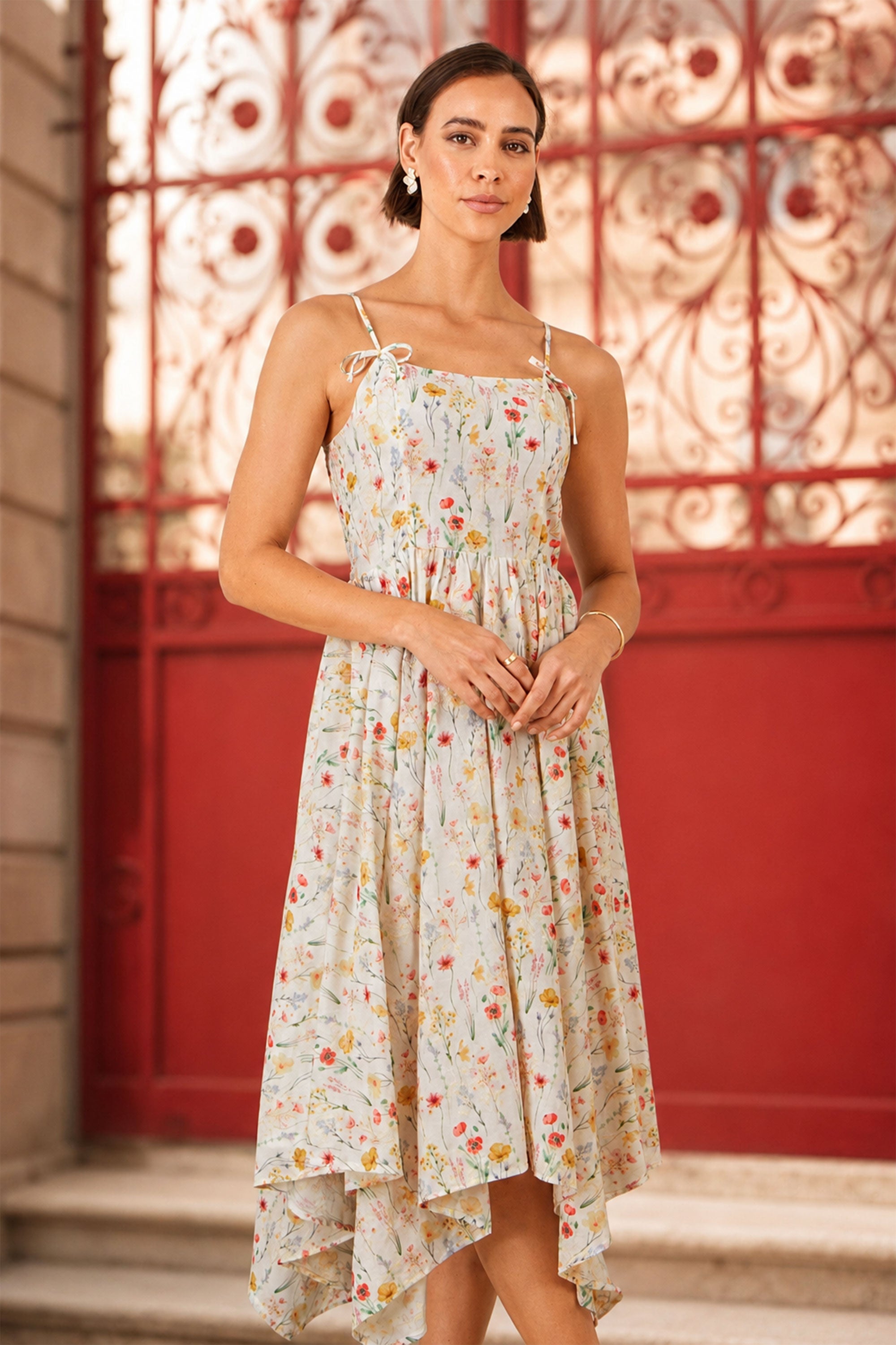 White Botanical Embroidery Fabric Handkerchief Hem Dress