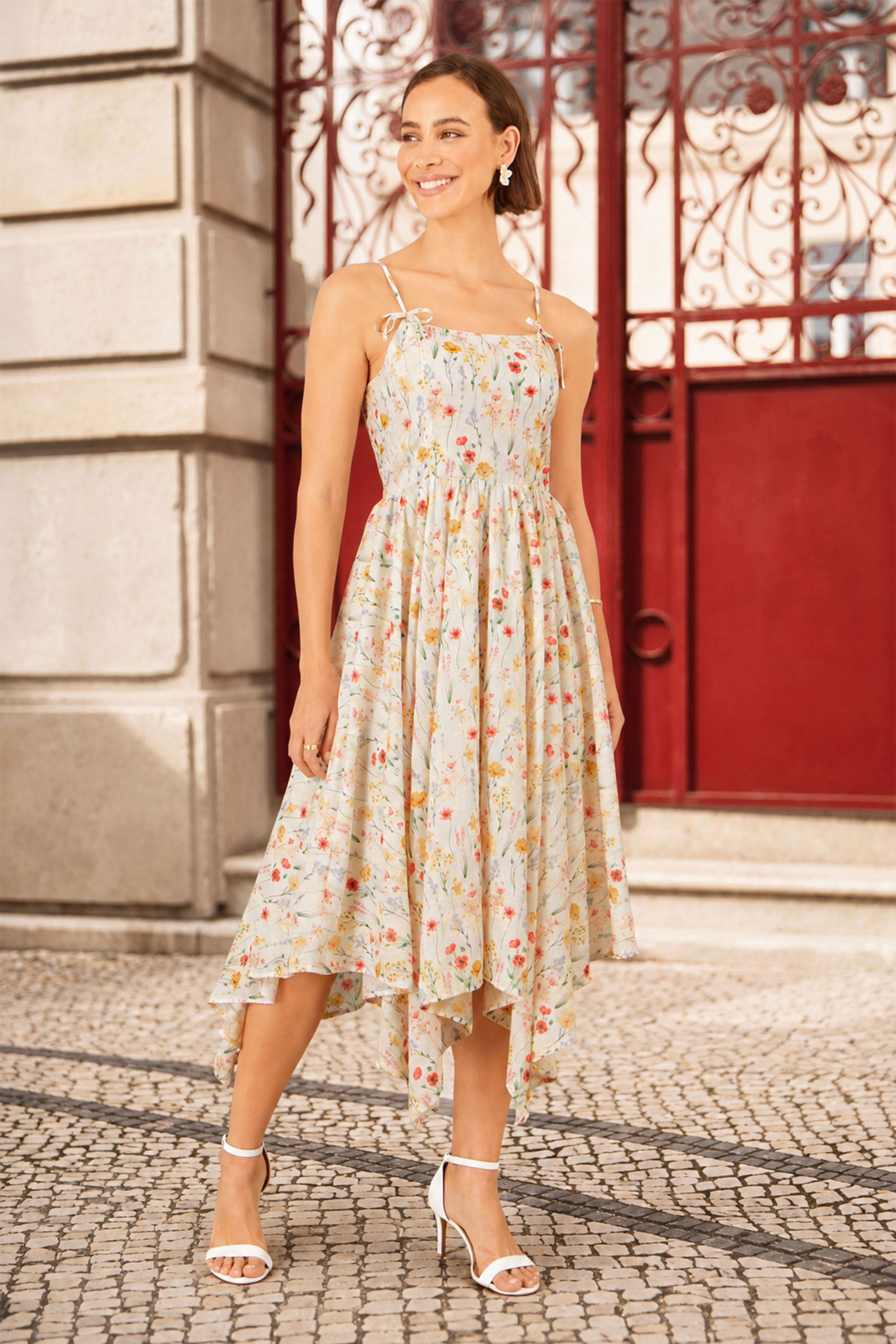 White Botanical Embroidery Fabric Handkerchief Hem Dress