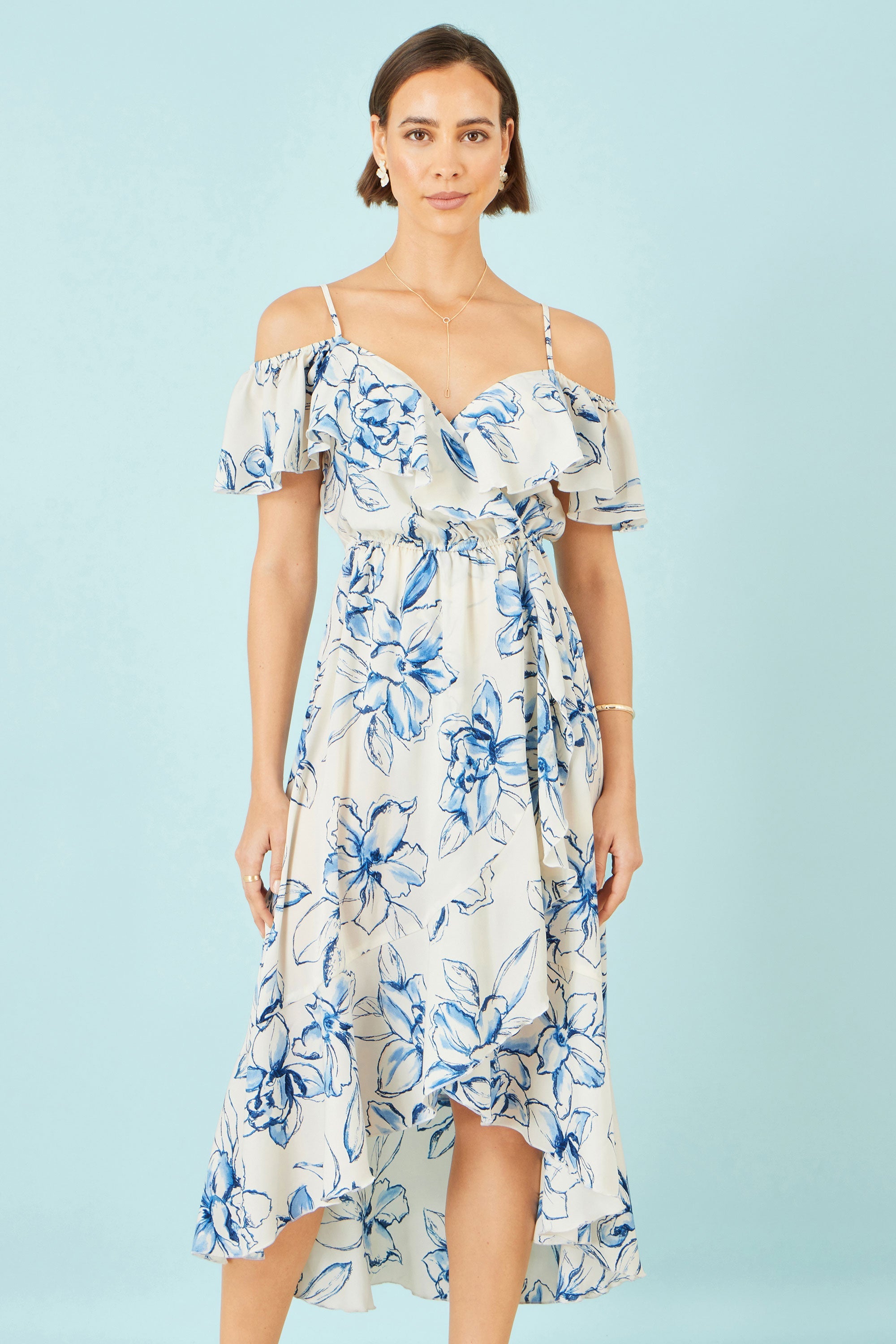 Ivory Floral Print Bardot Midi Dress With Dip Hem