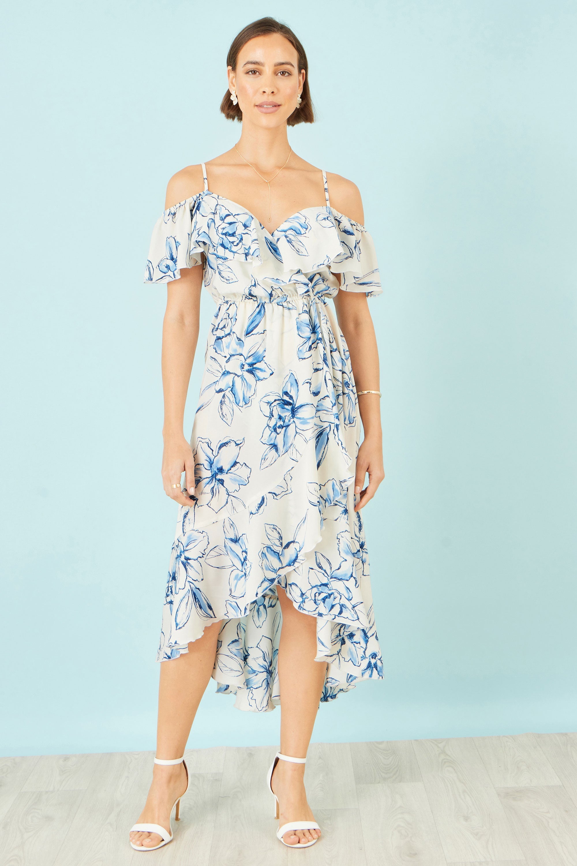 Ivory Floral Print Bardot Midi Dress With Dip Hem