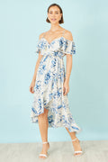 Ivory Floral Print Bardot Midi Dress With Dip Hem