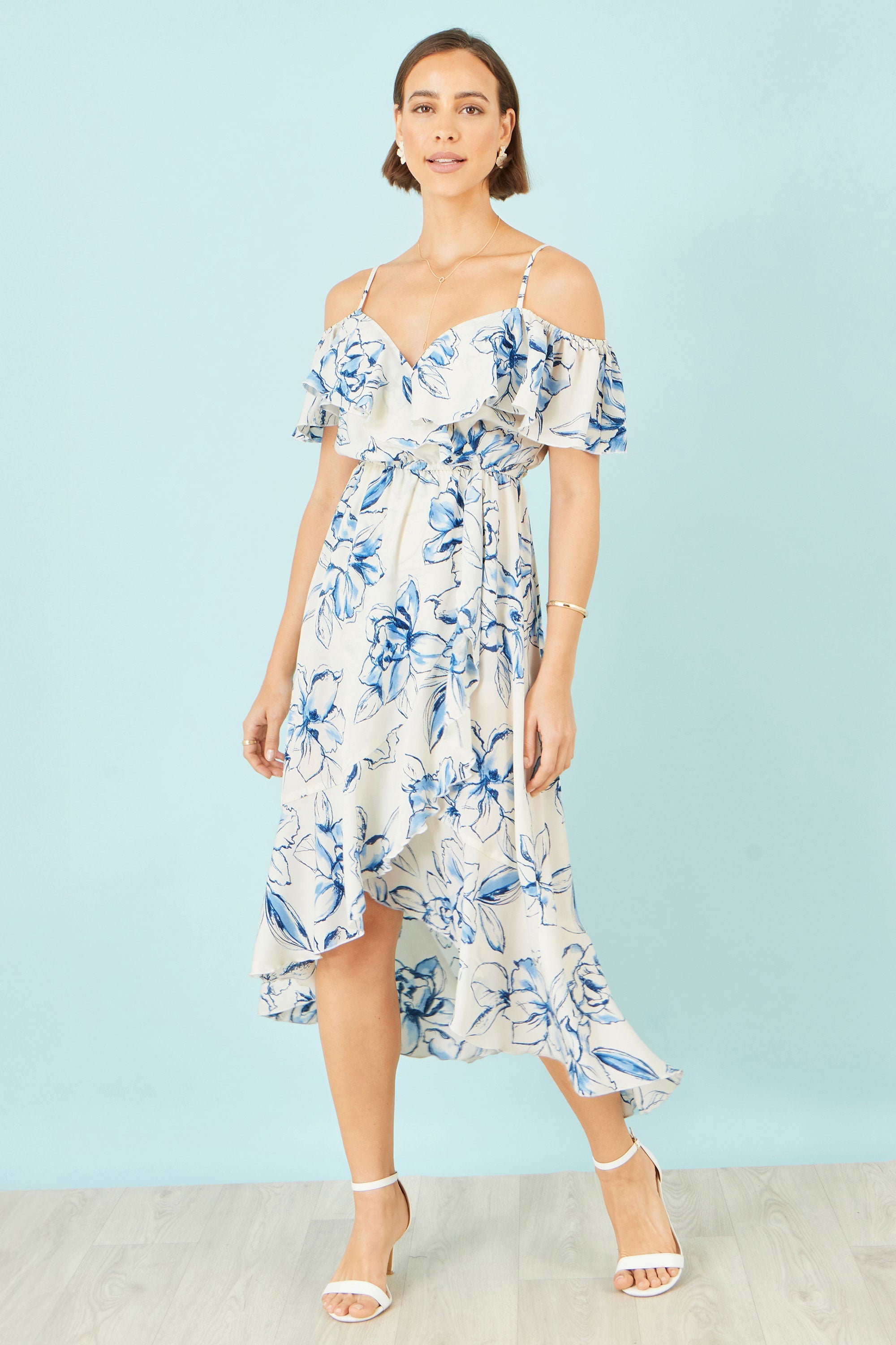 Ivory Floral Print Bardot Midi Dress With Dip Hem