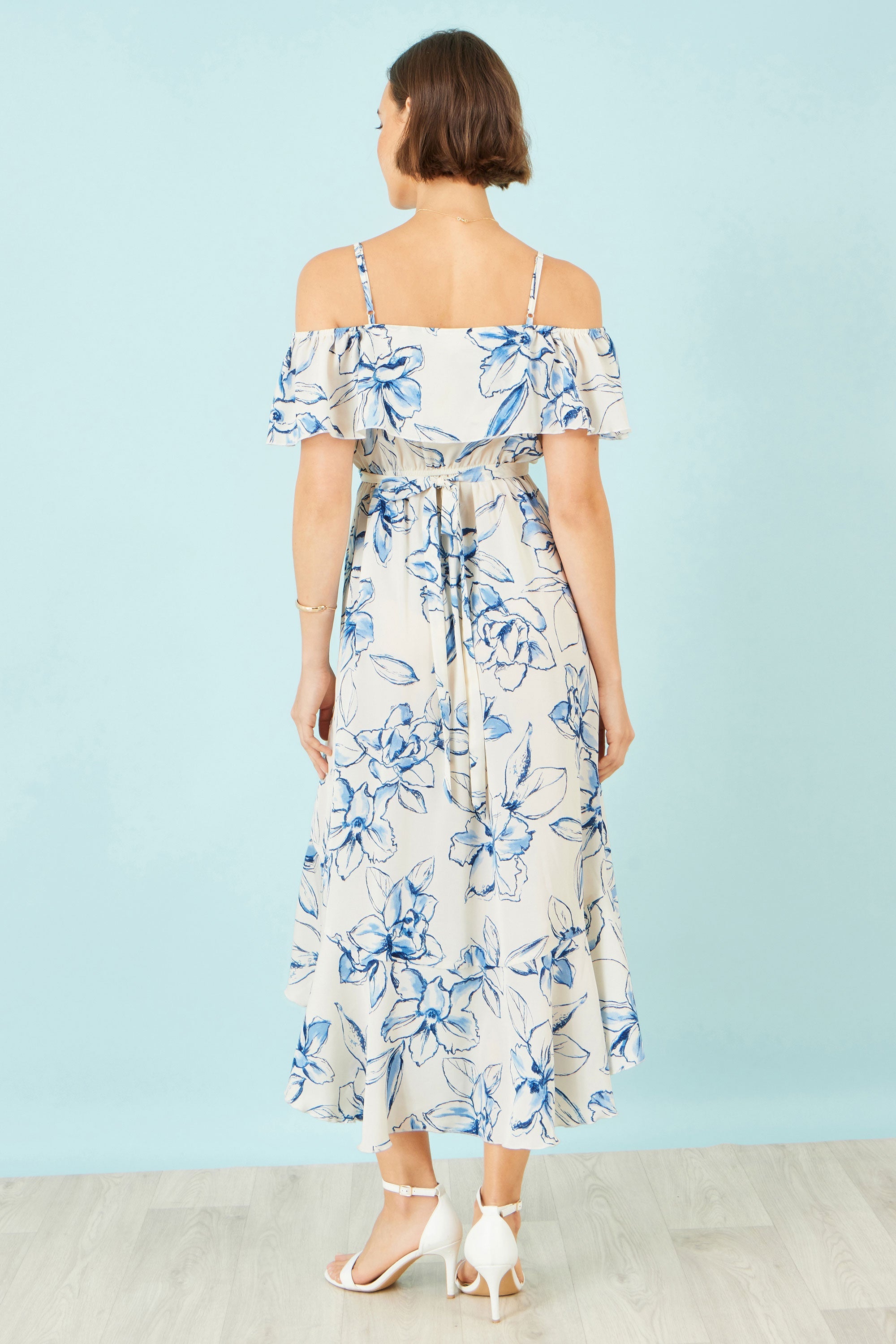 Ivory Floral Print Bardot Midi Dress With Dip Hem