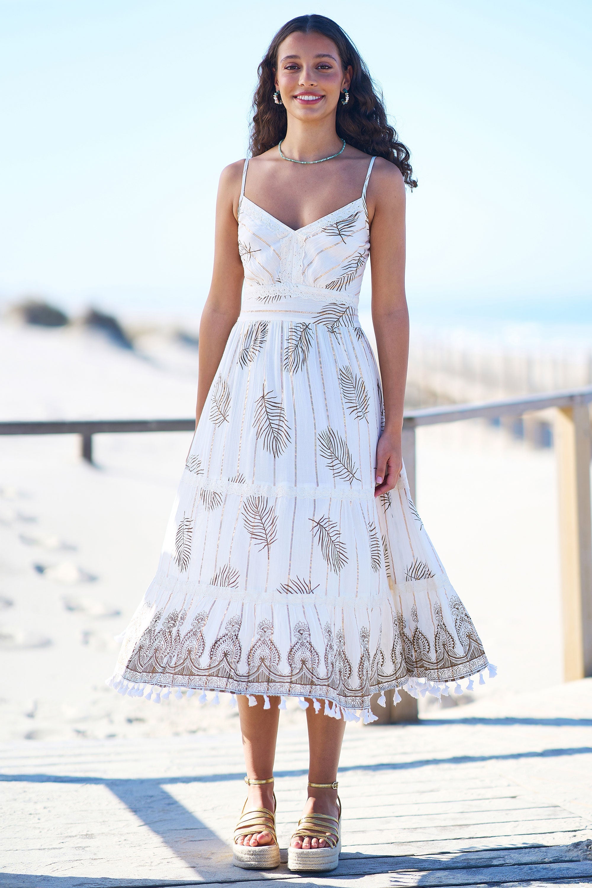 Ivory Foil Print Midi Sun Dress With Lace Trims
