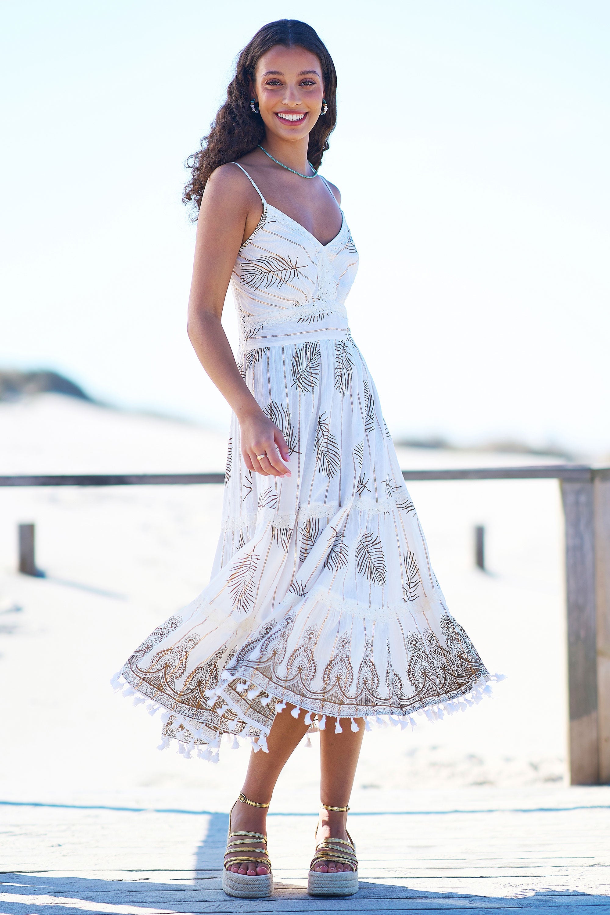 Ivory Foil Print Midi Sun Dress With Lace Trims