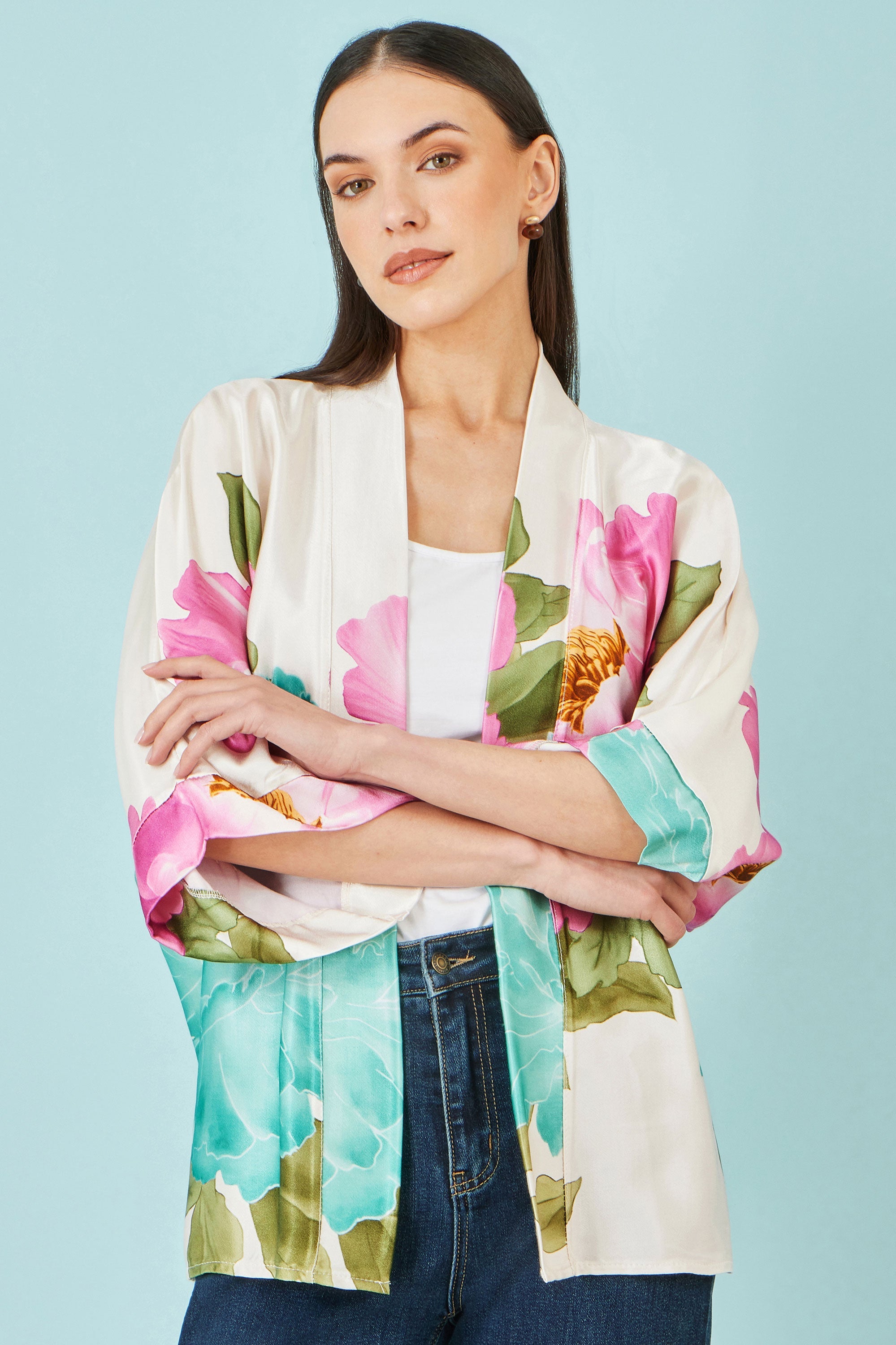 Ivory Floral Print Relaxed Kimono
