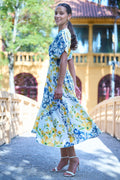 White Lemon Print Viscose Ruched Waist Midi Dress