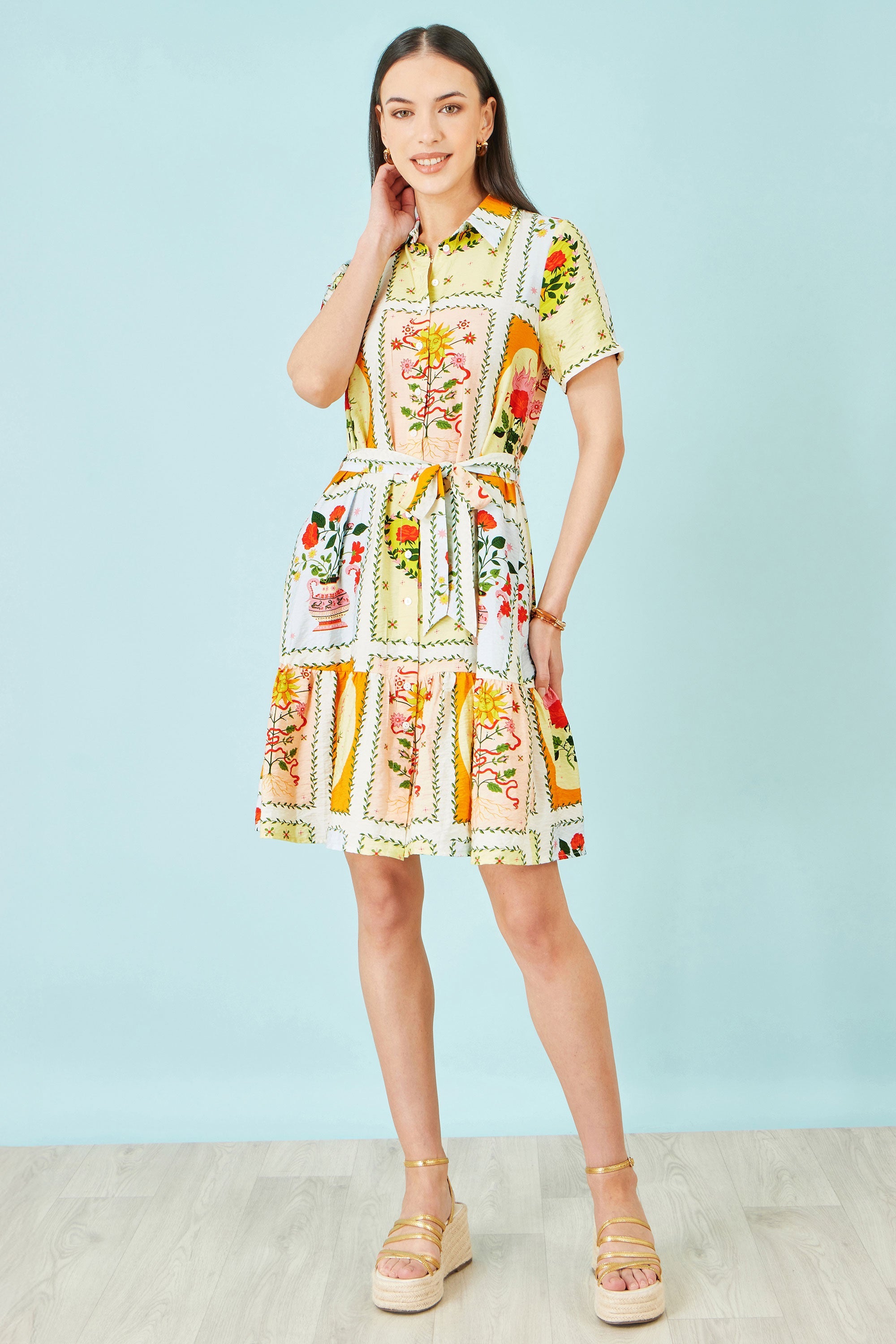 Multicolour Sun Patchwork Print Shirt Dress