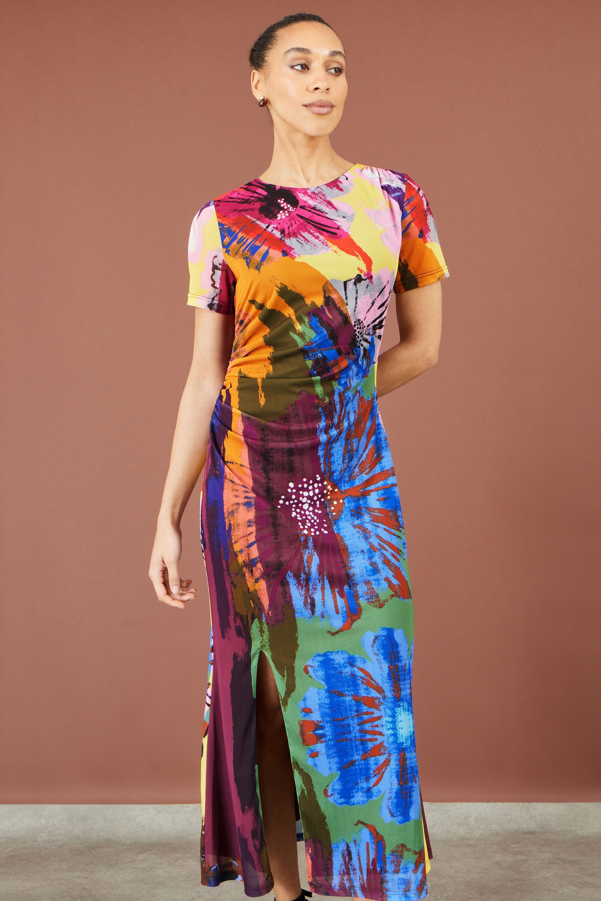 Multicolour Abstract Floral Mesh Midi Dress