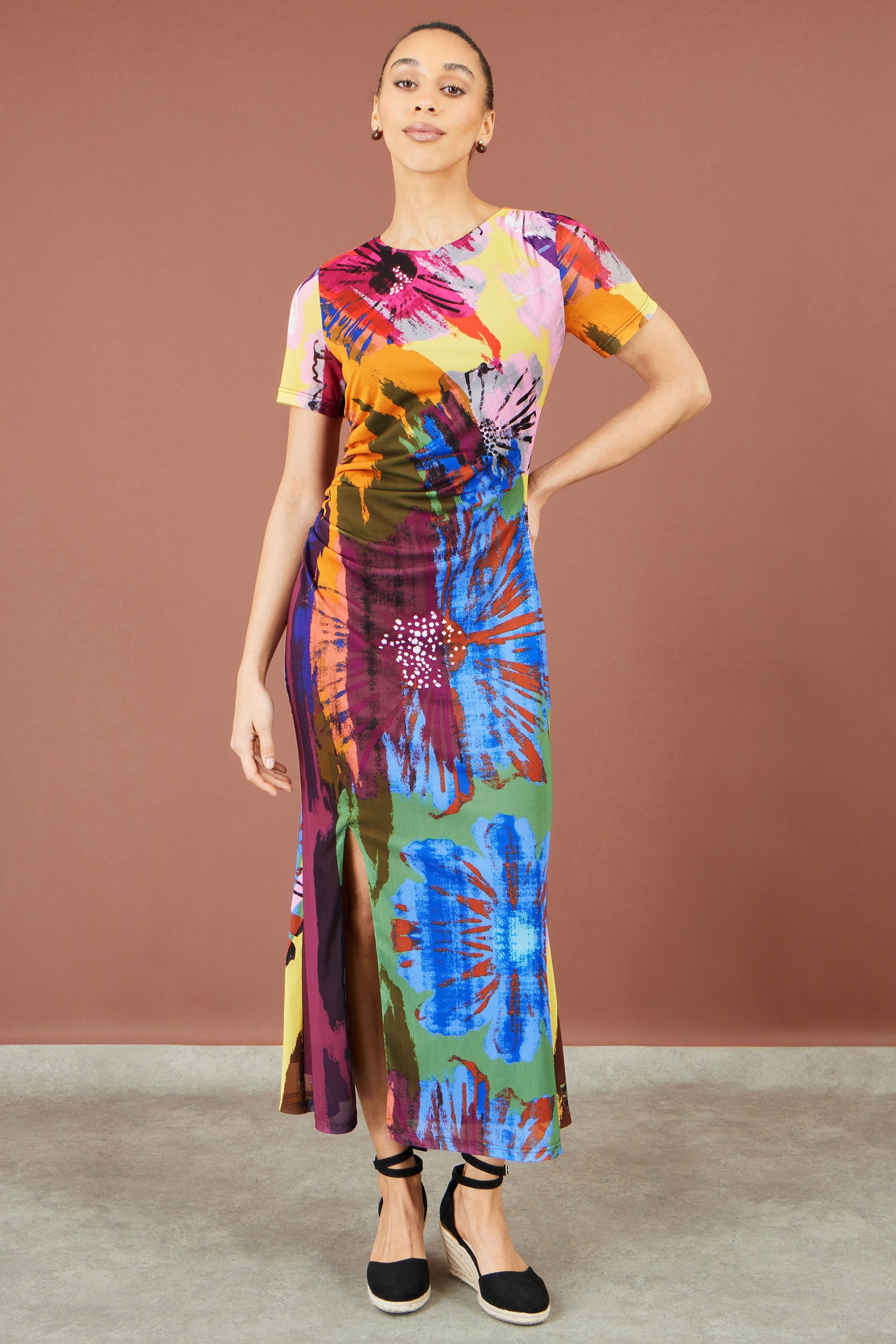 Multicolour Abstract Floral Mesh Midi Dress