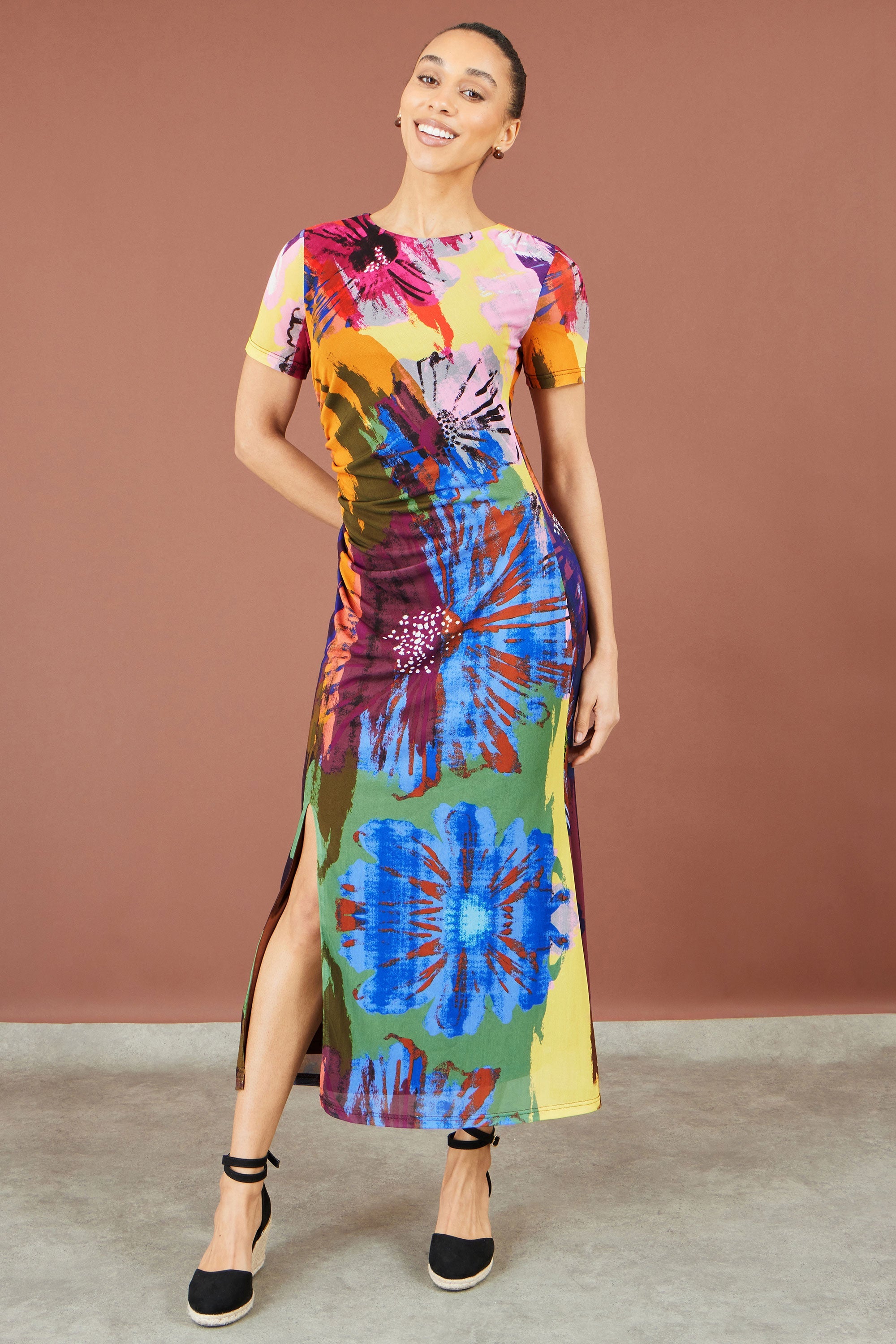 Multicolour Abstract Floral Mesh Midi Dress