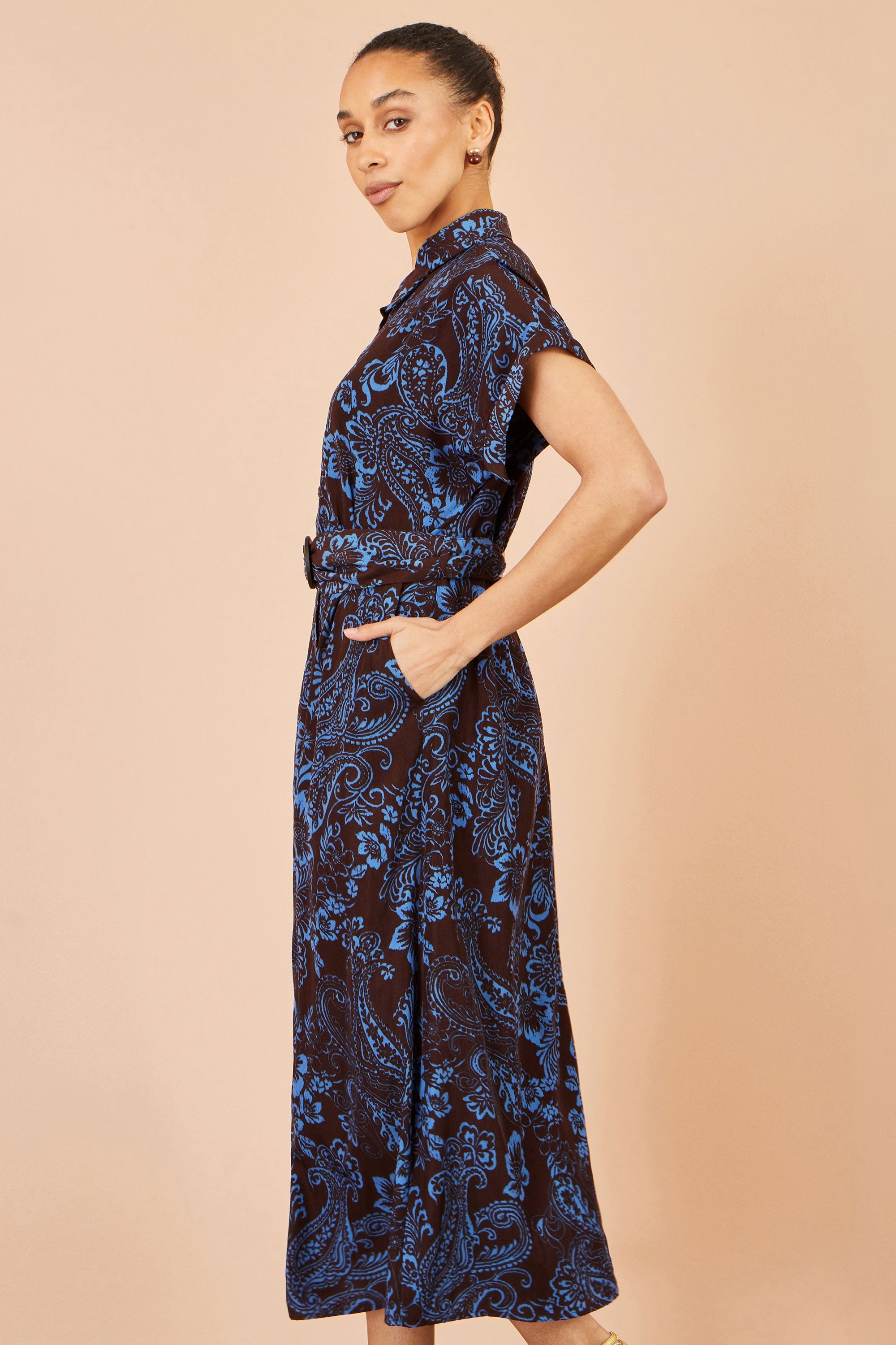 Brown Paisley Midi Shirt Dress