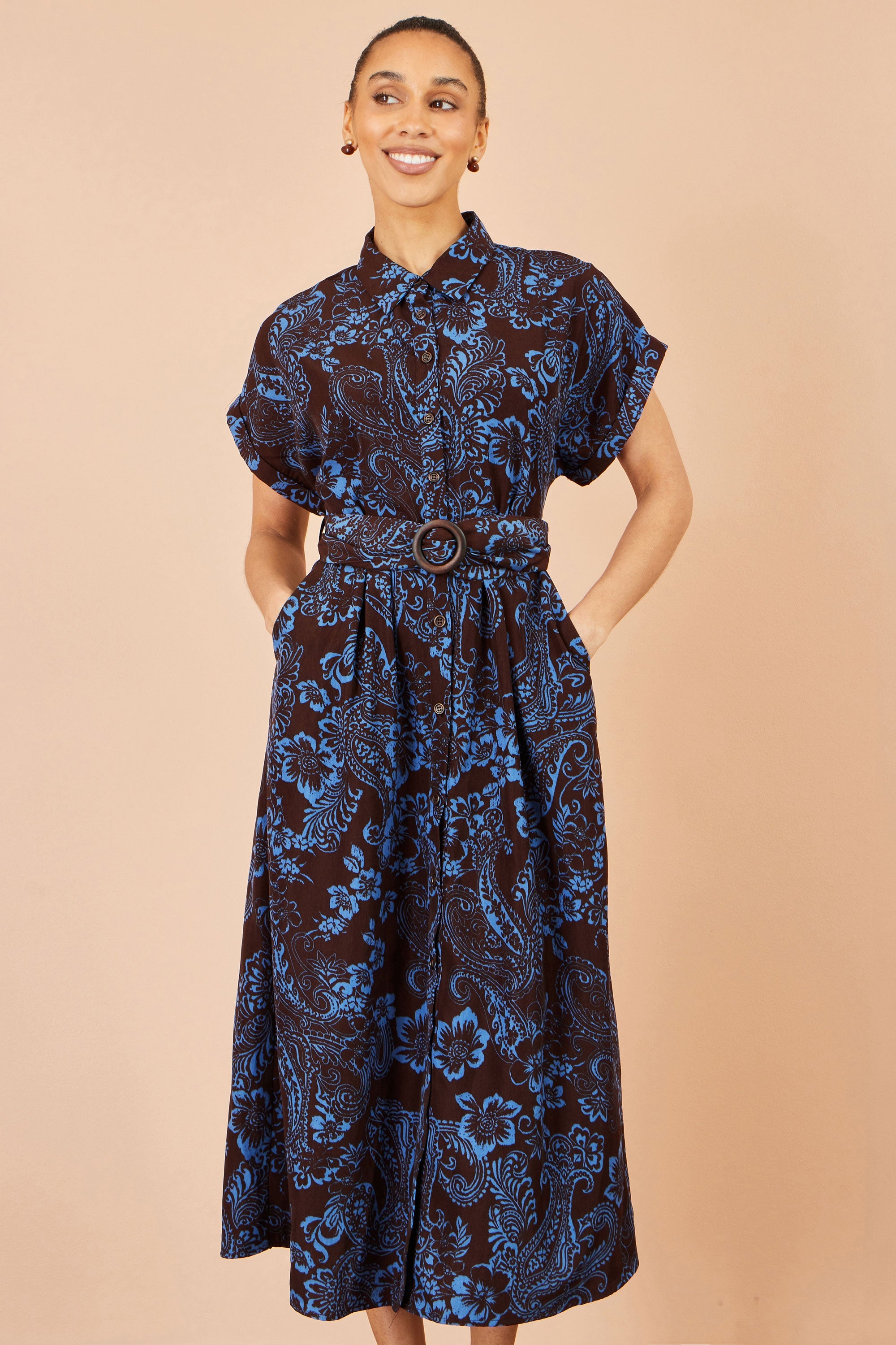 Brown Paisley Midi Shirt Dress