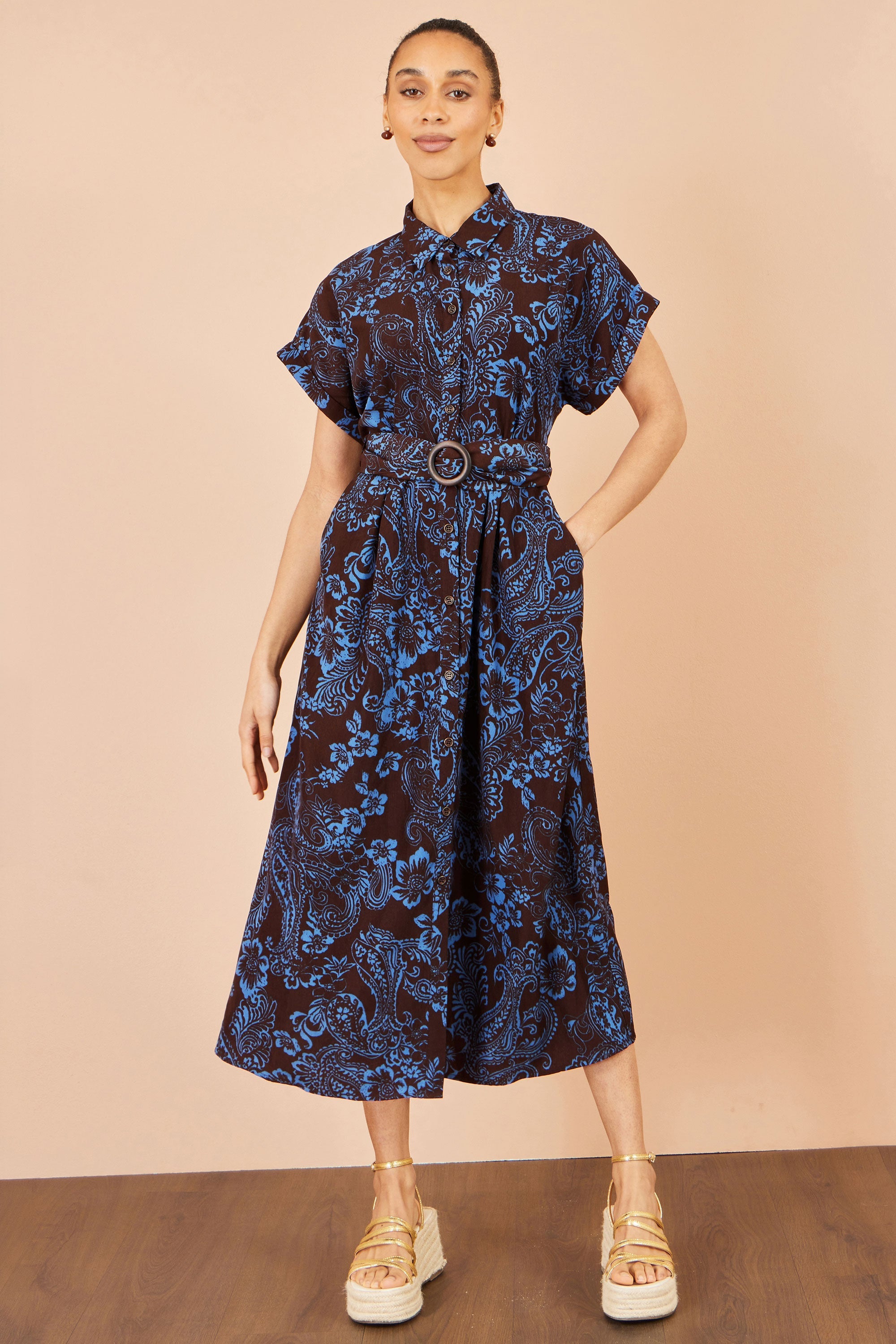 Brown Paisley Midi Shirt Dress