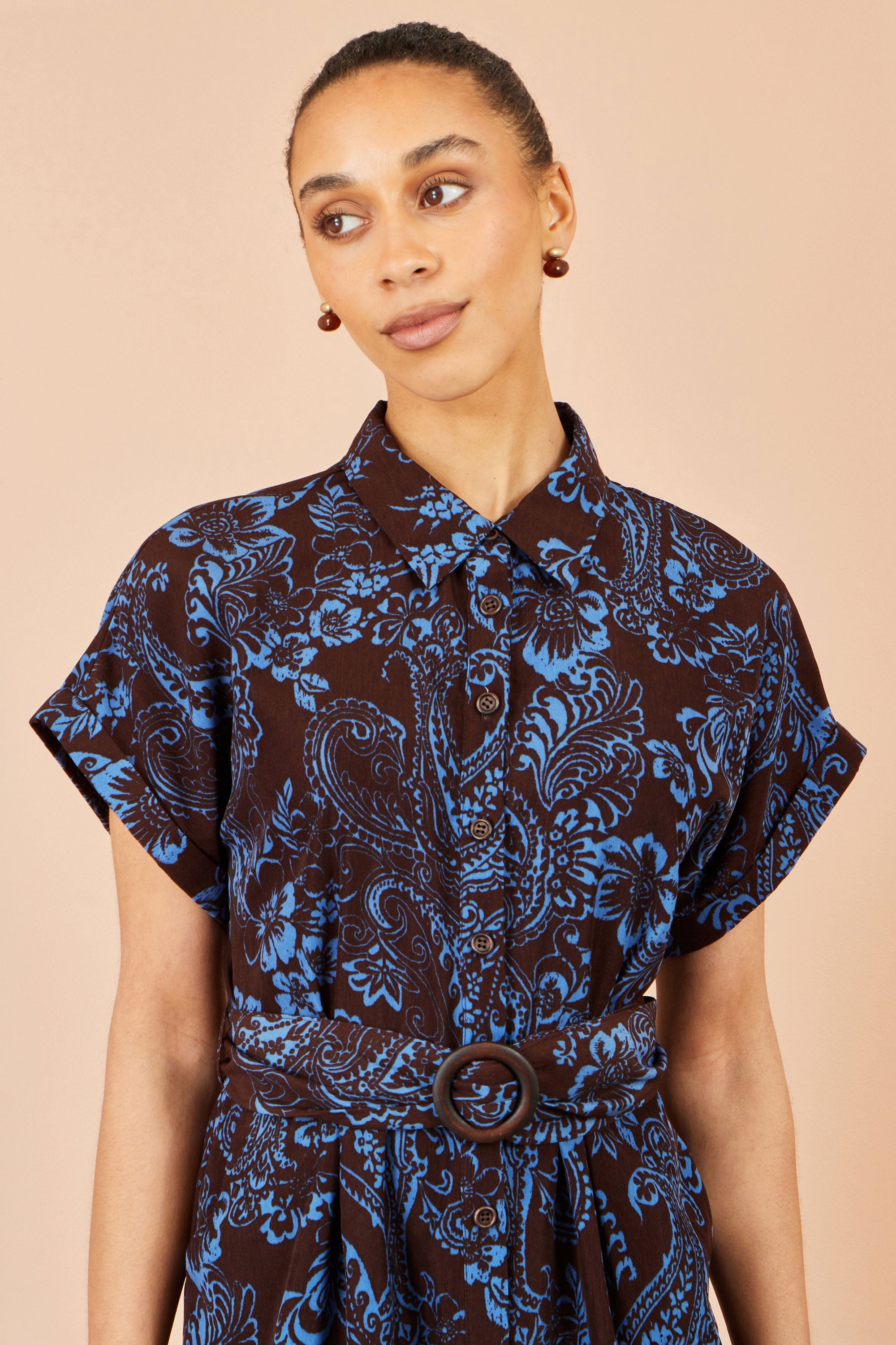 Brown Paisley Midi Shirt Dress