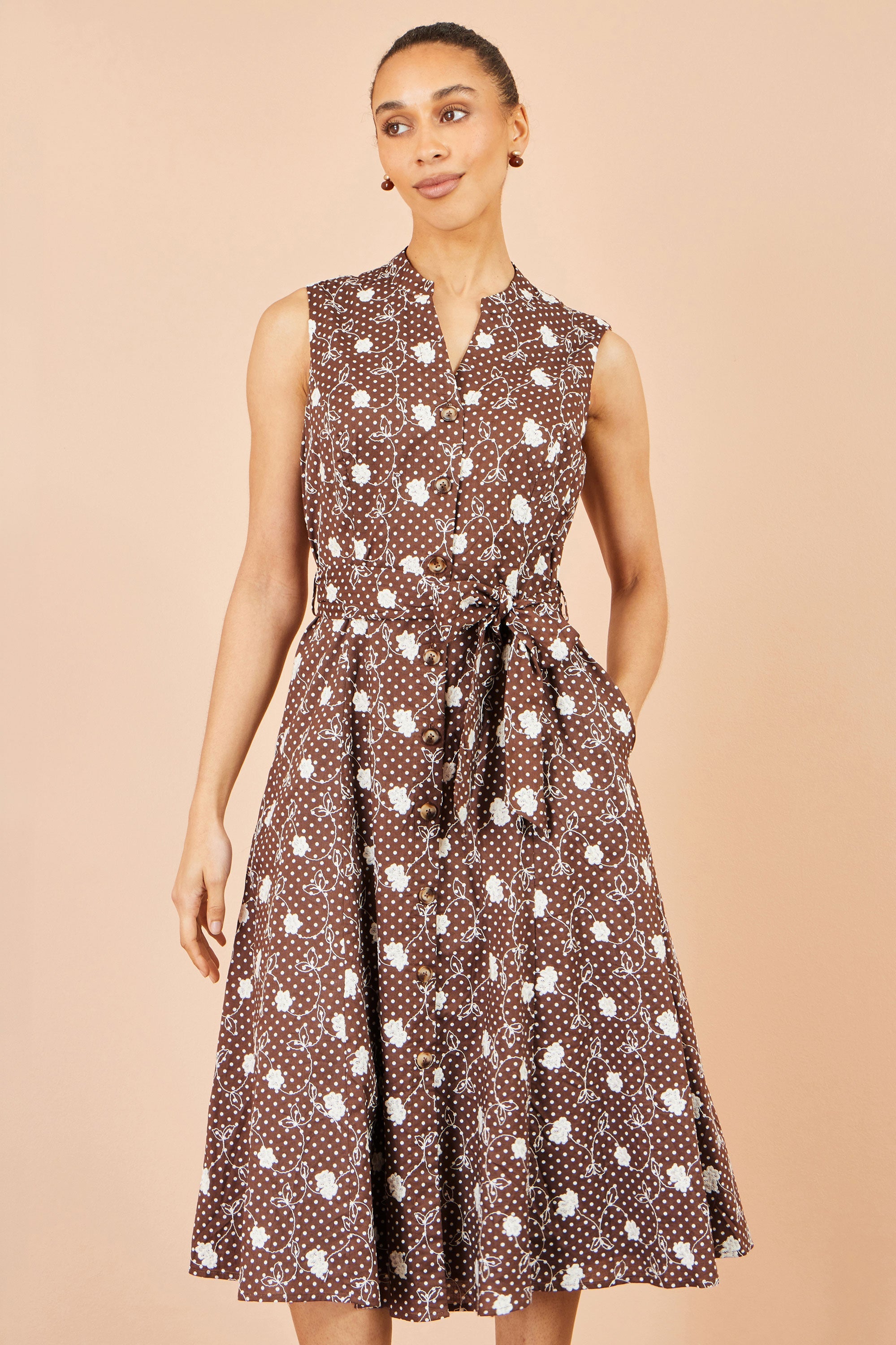 Brown Cotton Embroidery Shirt Dress